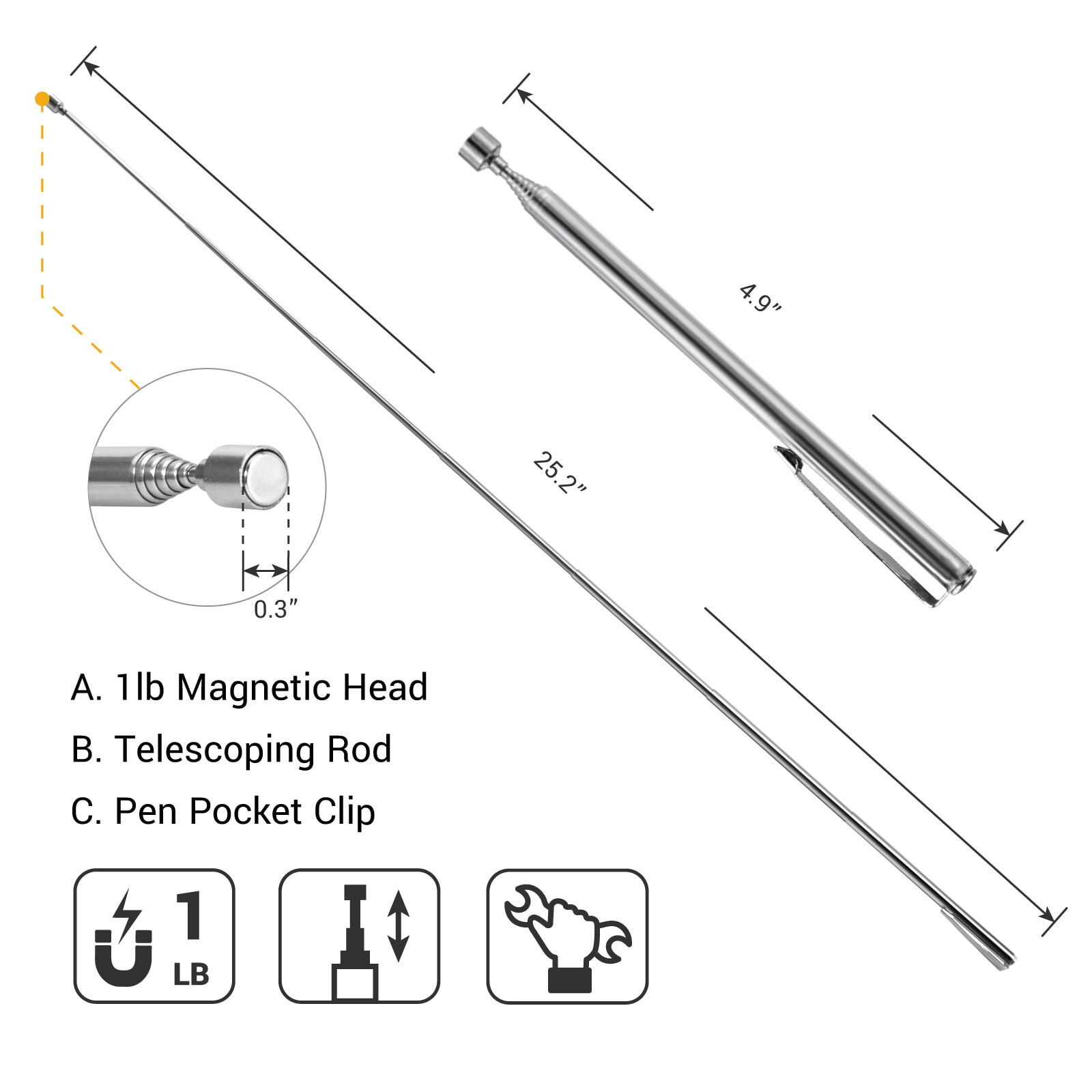 Magnet Pickup Tool Set – 20lb & 3lb Telescoping Magnetic Sticks, Extends 7-31" & 5-26", With Pen Clip For Bolts, Nuts, Screws