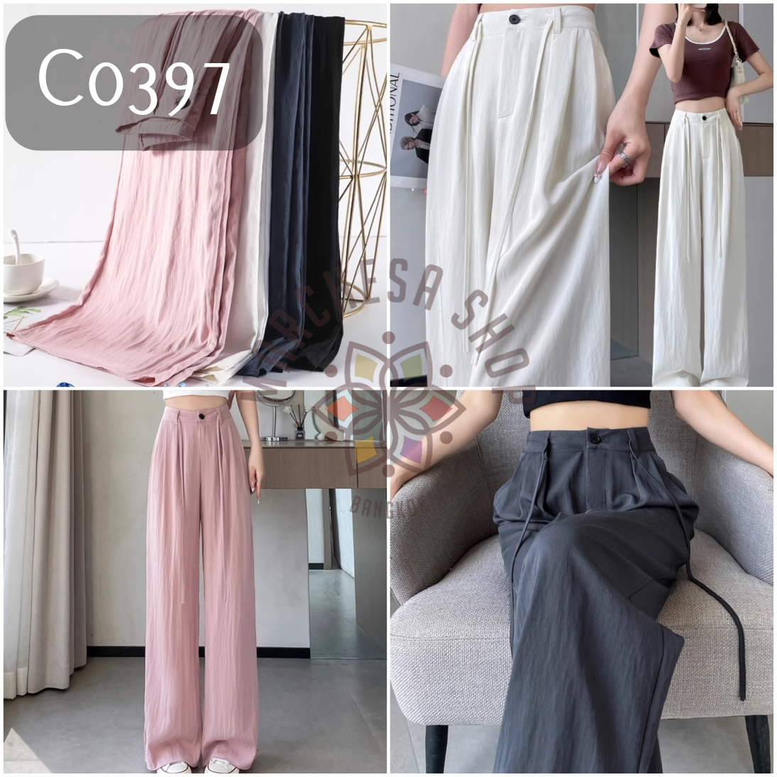 C0397 - 簡約冰絲綁帶垂感濶褲