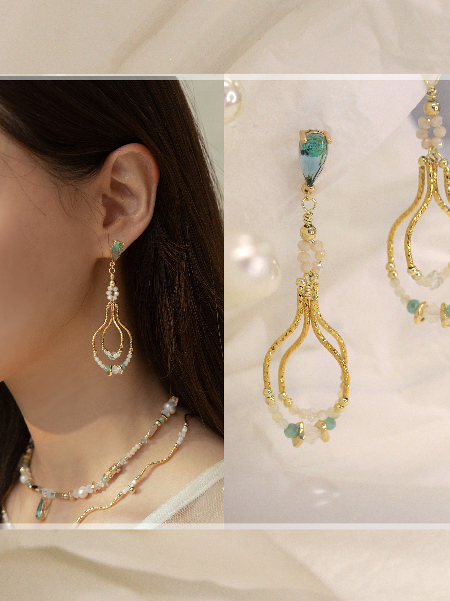 湖中幻象人。MUCHAT手作14KGP施華洛水晶貝殼珠純銀針耳環