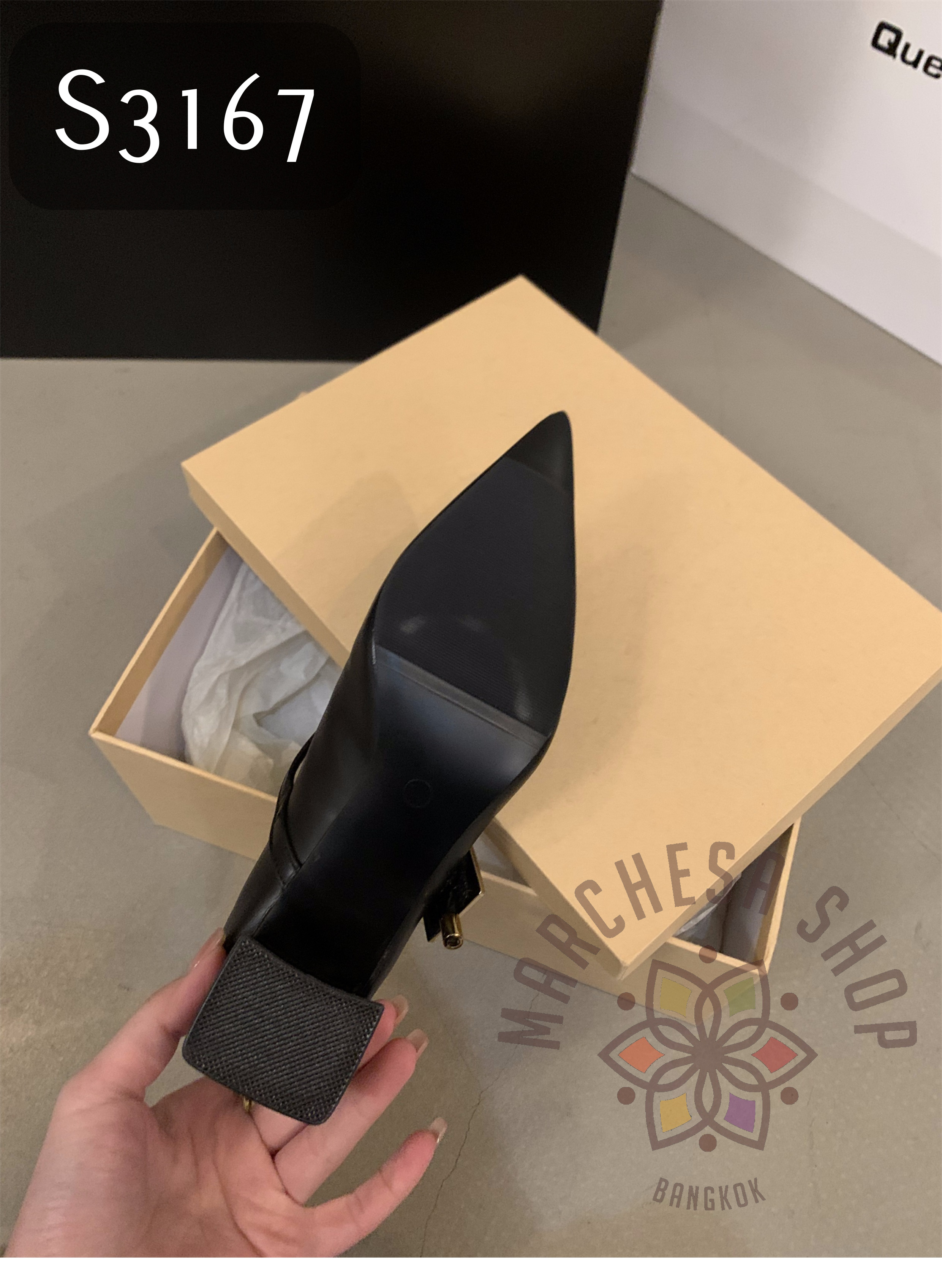 S3167 - 簡約牛皮一字金方扣帶尖頭高踭鞋