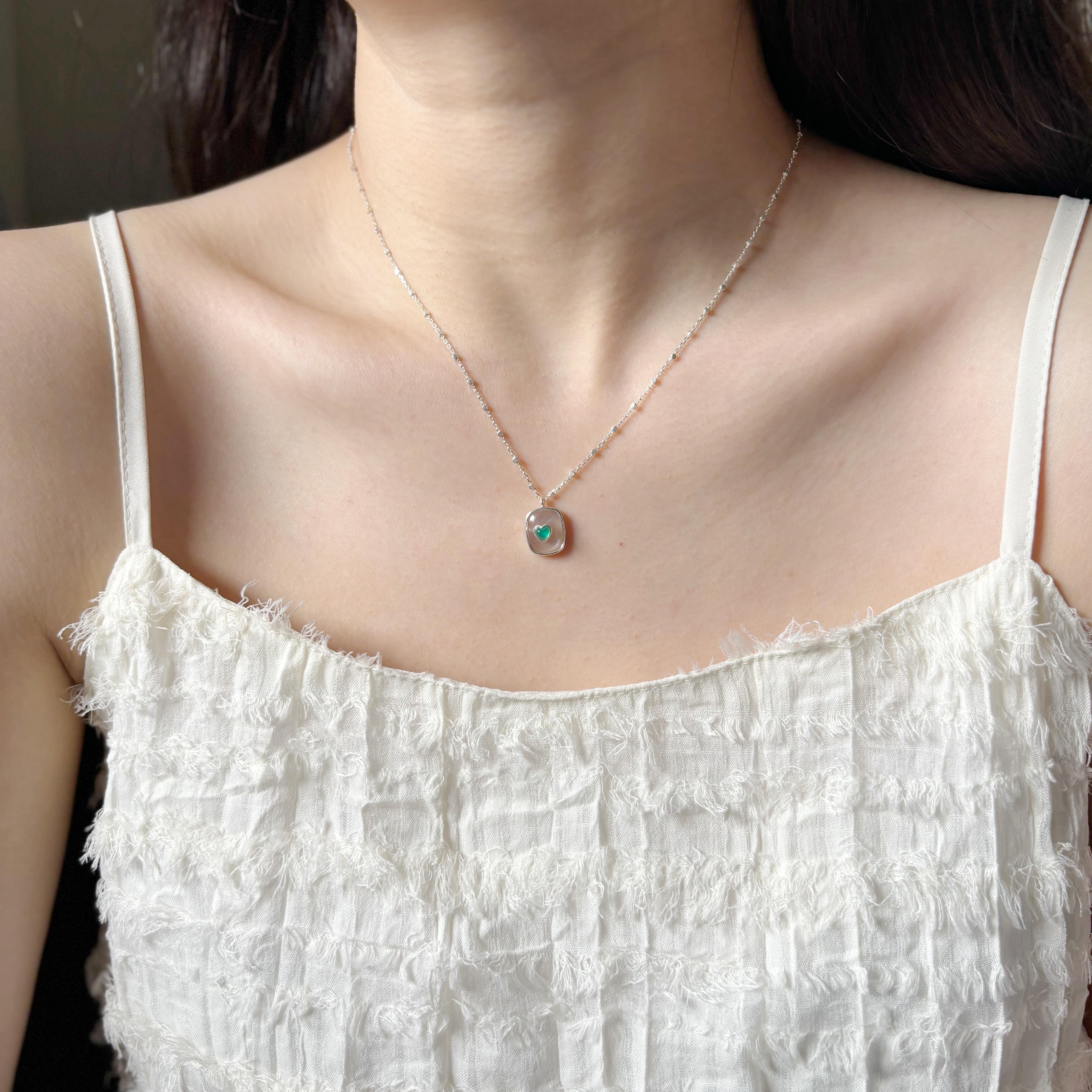 QQHeart Doublets 綠瑪瑙銀月光項鍊