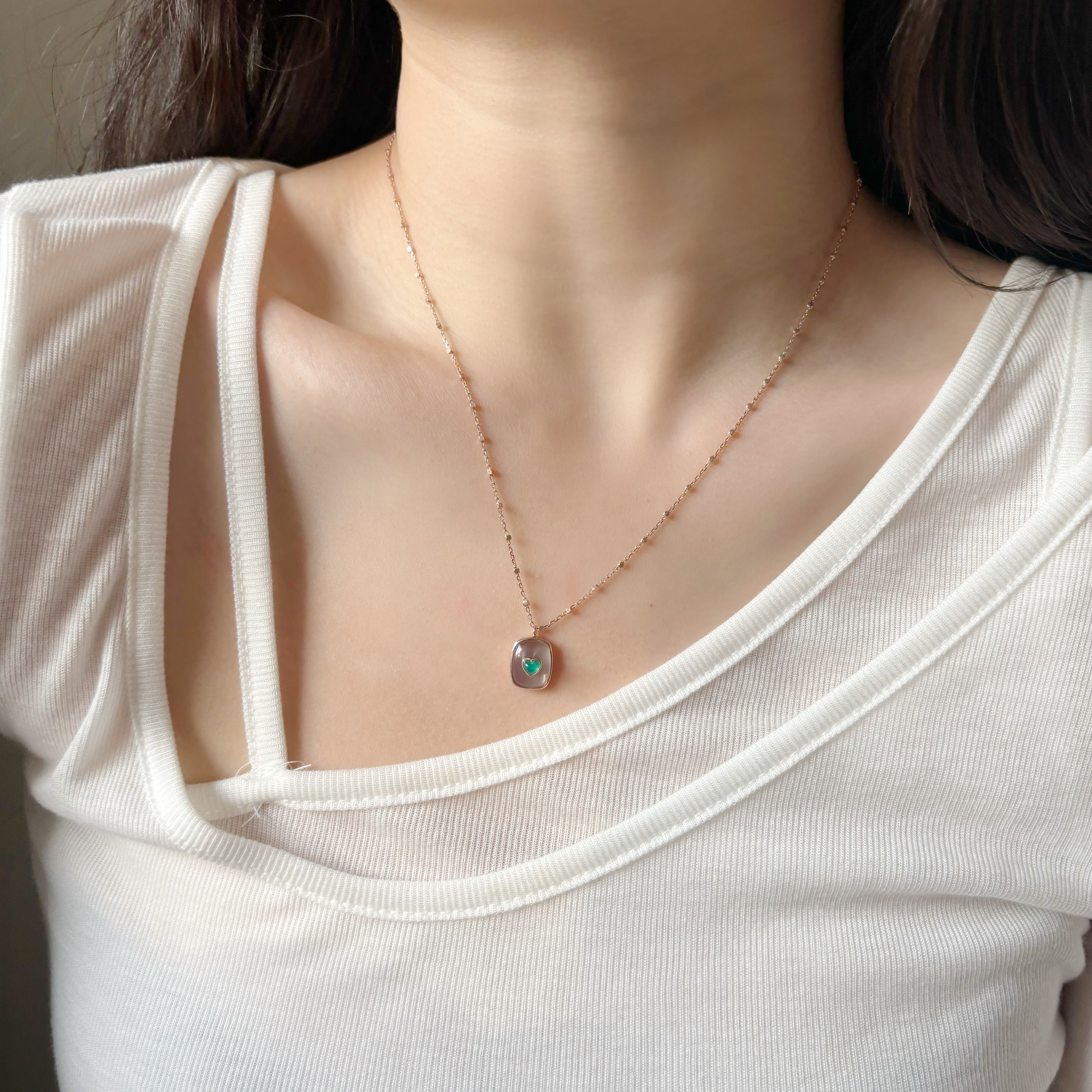 QQHeart Doublets 綠瑪瑙銀月光項鍊