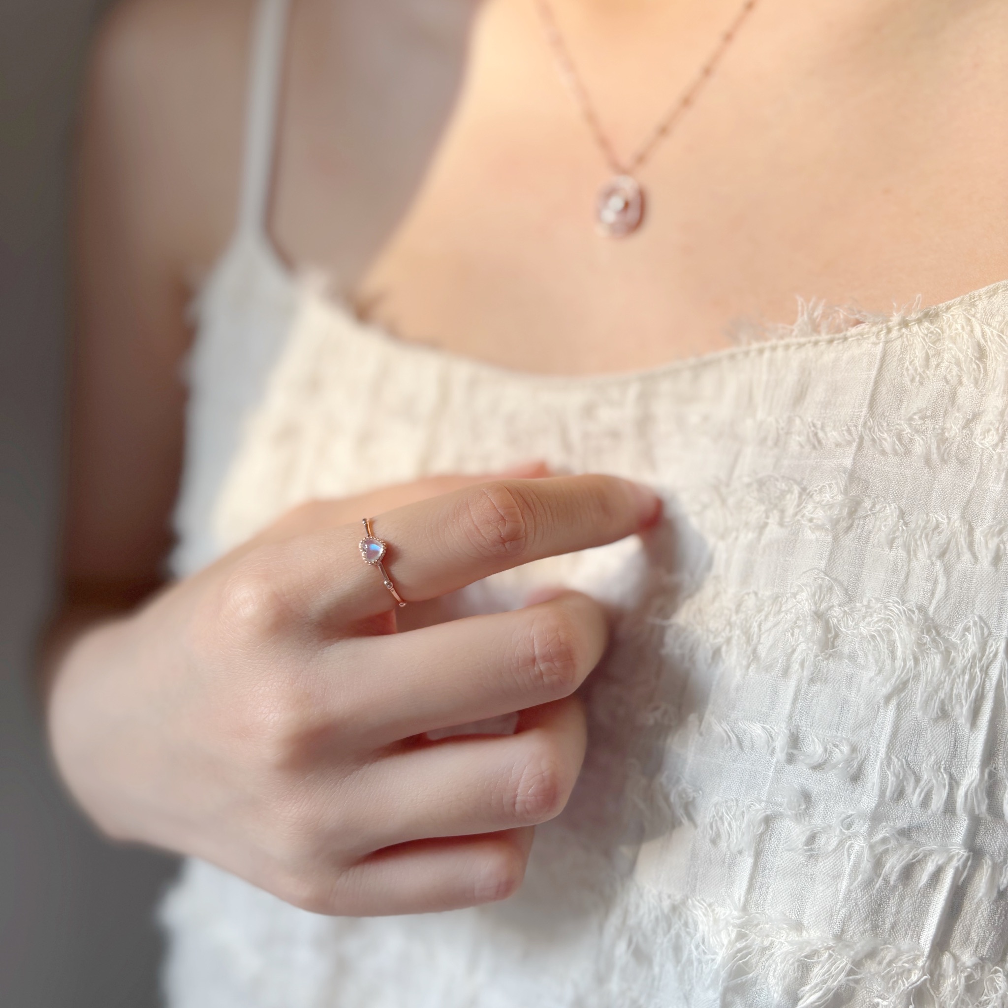 愛心蛋糕塔Rosary月光石戒指