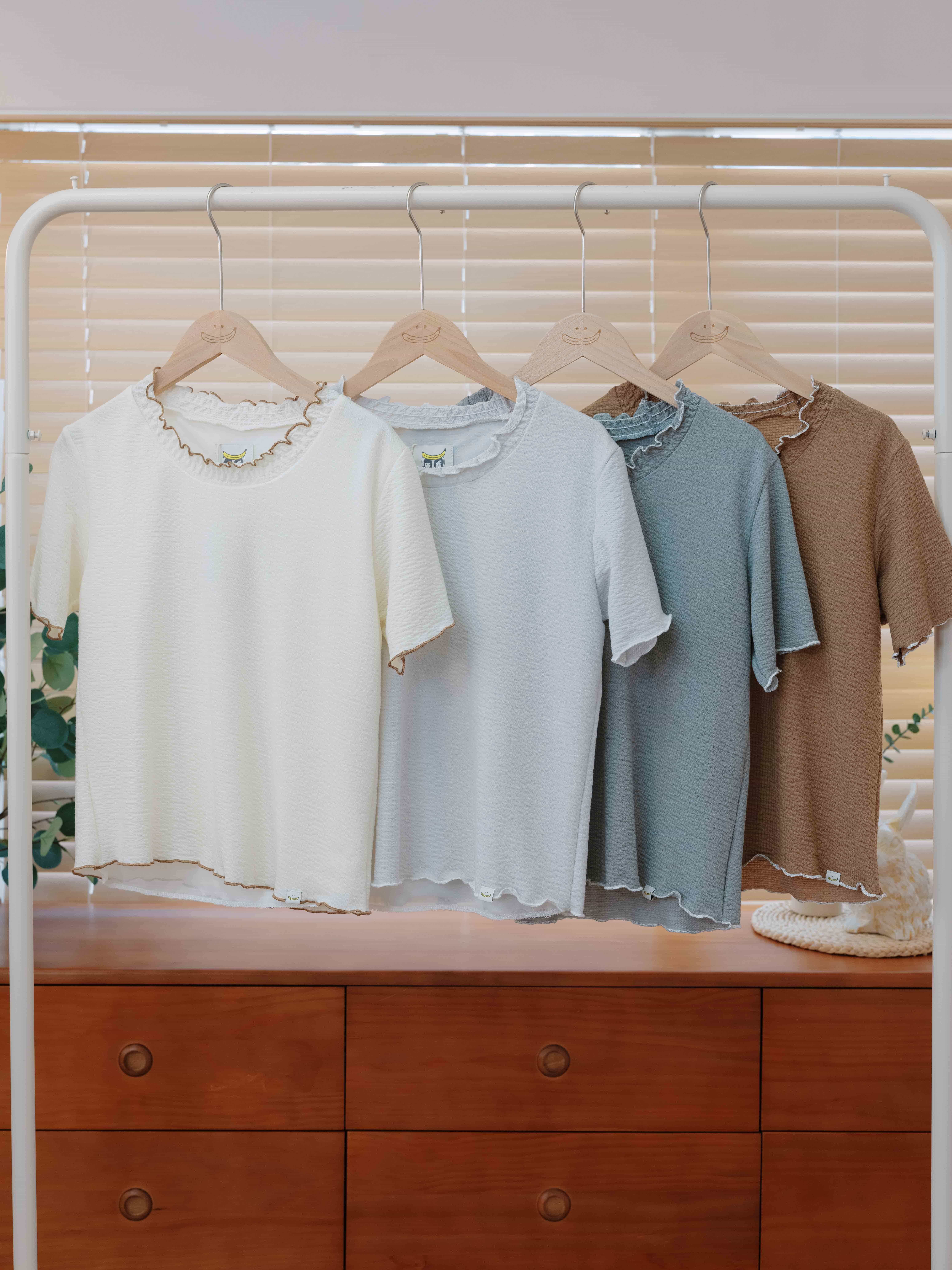 四色／皺皺木耳橡筋短袖上衣/ Wrinkle Ruffle Tee
