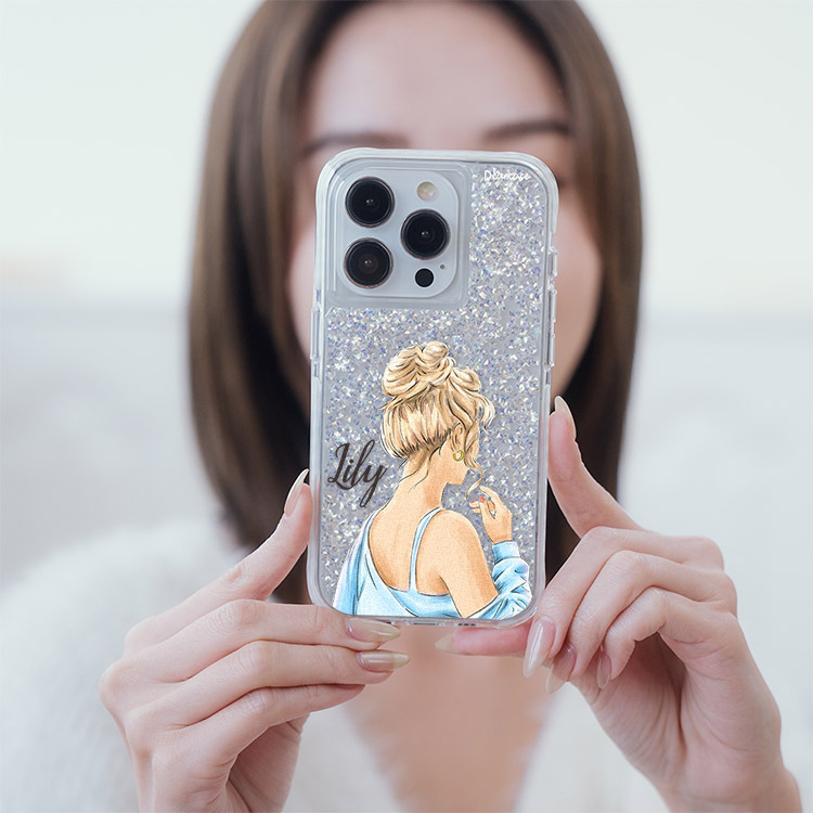 休閒女孩 銀耀撞白殼 - (訂製名字) - iPhone 客製化手機殼