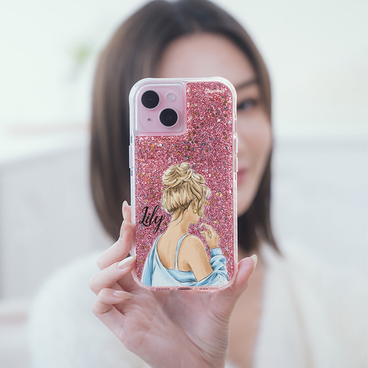 休閒女孩 粉耀撞白殼 - (訂製名字) - iPhone 客製化手機殼