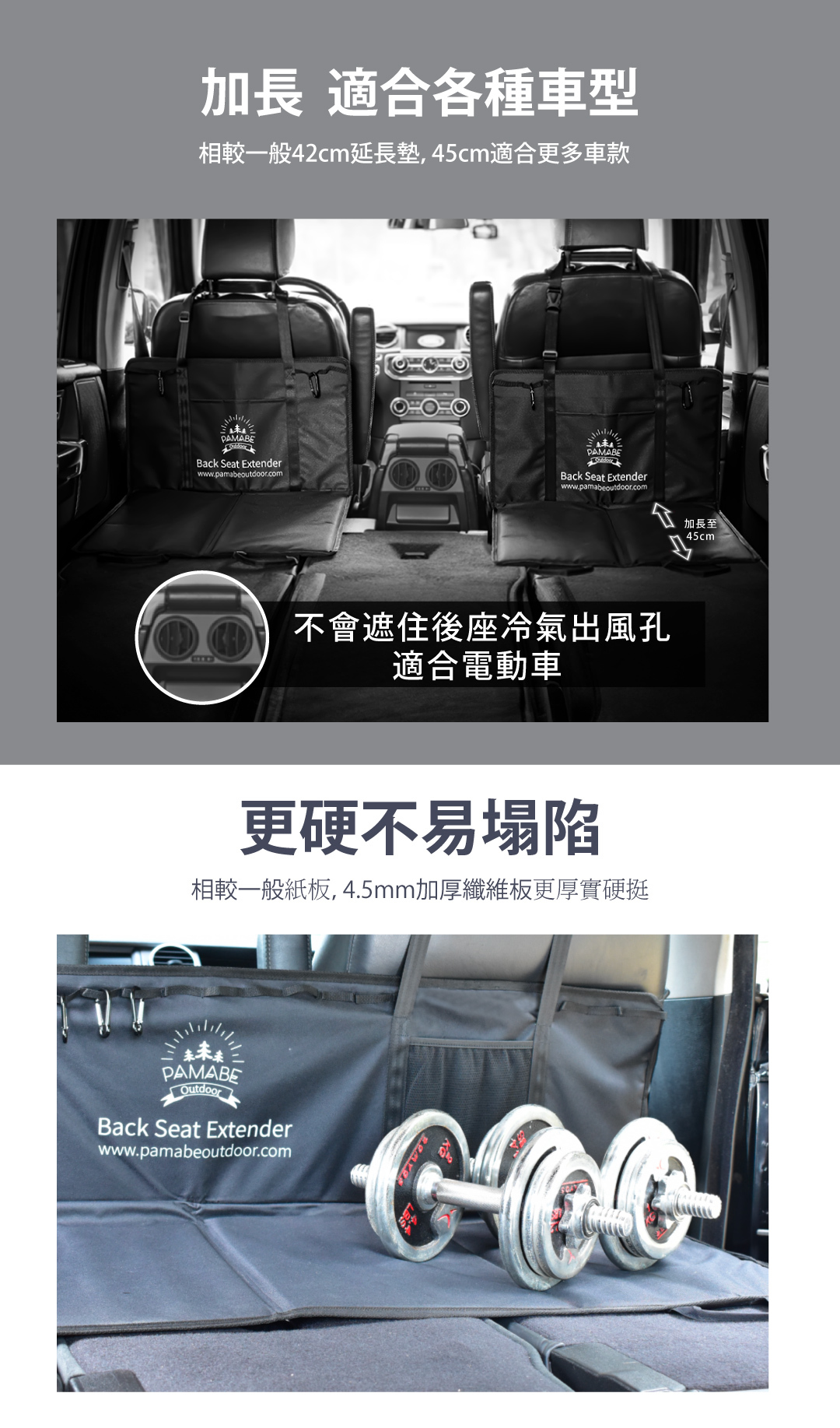 座椅延長墊安裝在汽車後座上,填滿空隙,長度延伸至45公分,適用多種車款,單座款座椅延長墊不會遮住冷氣出風口,適合電動車,4.5mm纖維板上放了槓鈴