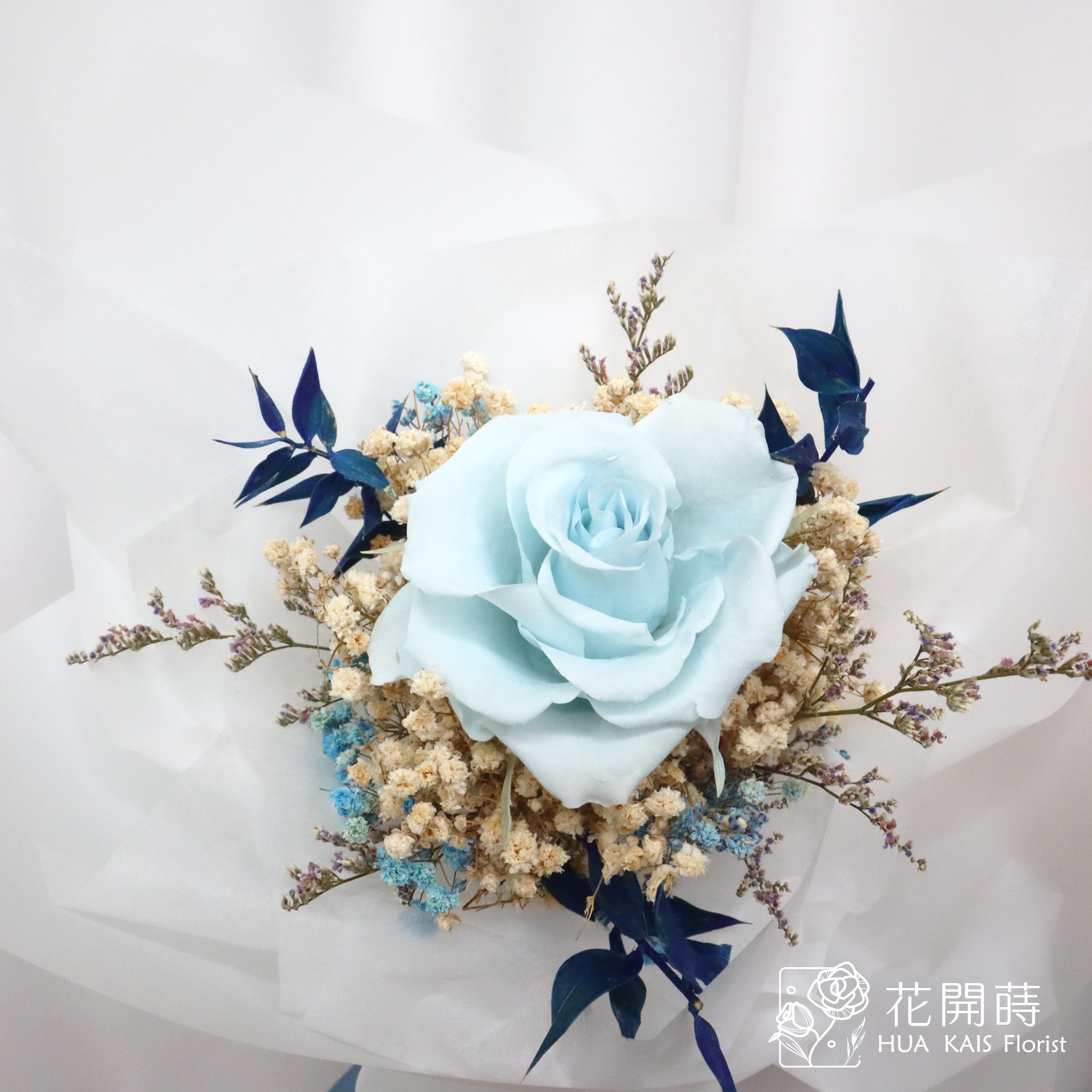 永生玫瑰花束|天使藍單枝永生玫瑰花束|永生花|情人節花束|小花束|生日花束|七夕花束|閨蜜花束|母親節花束