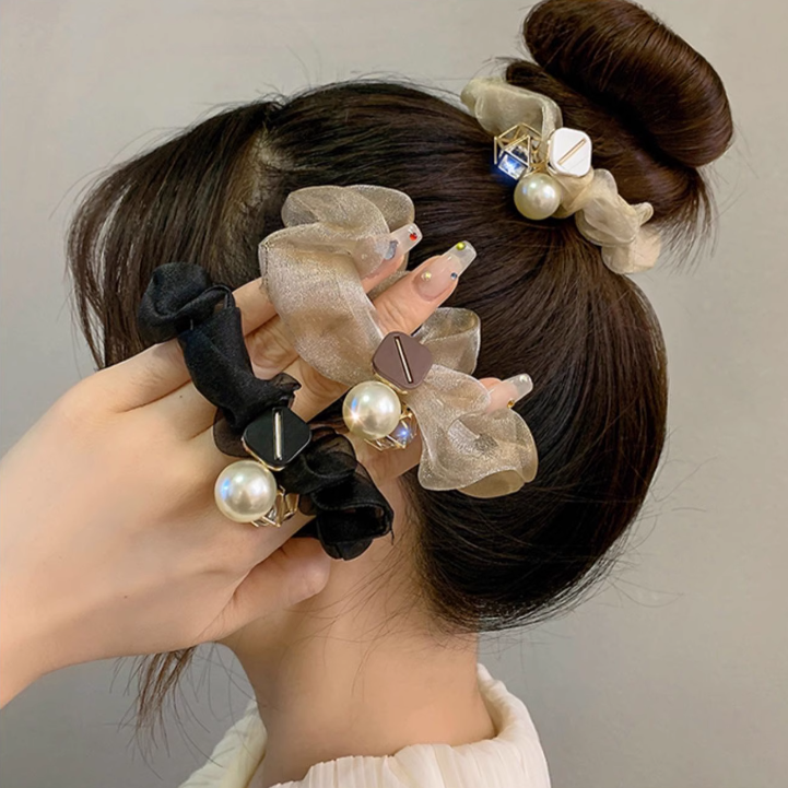 [3 FOR RM10] Elegant Sparkle Chiffon Pearl Scrunchie
