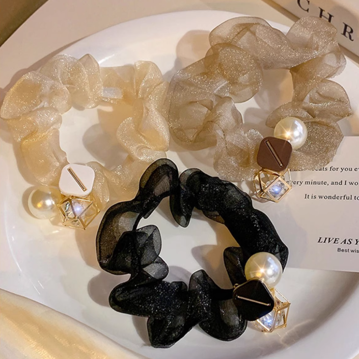 [3 FOR RM10] Elegant Sparkle Chiffon Pearl Scrunchie