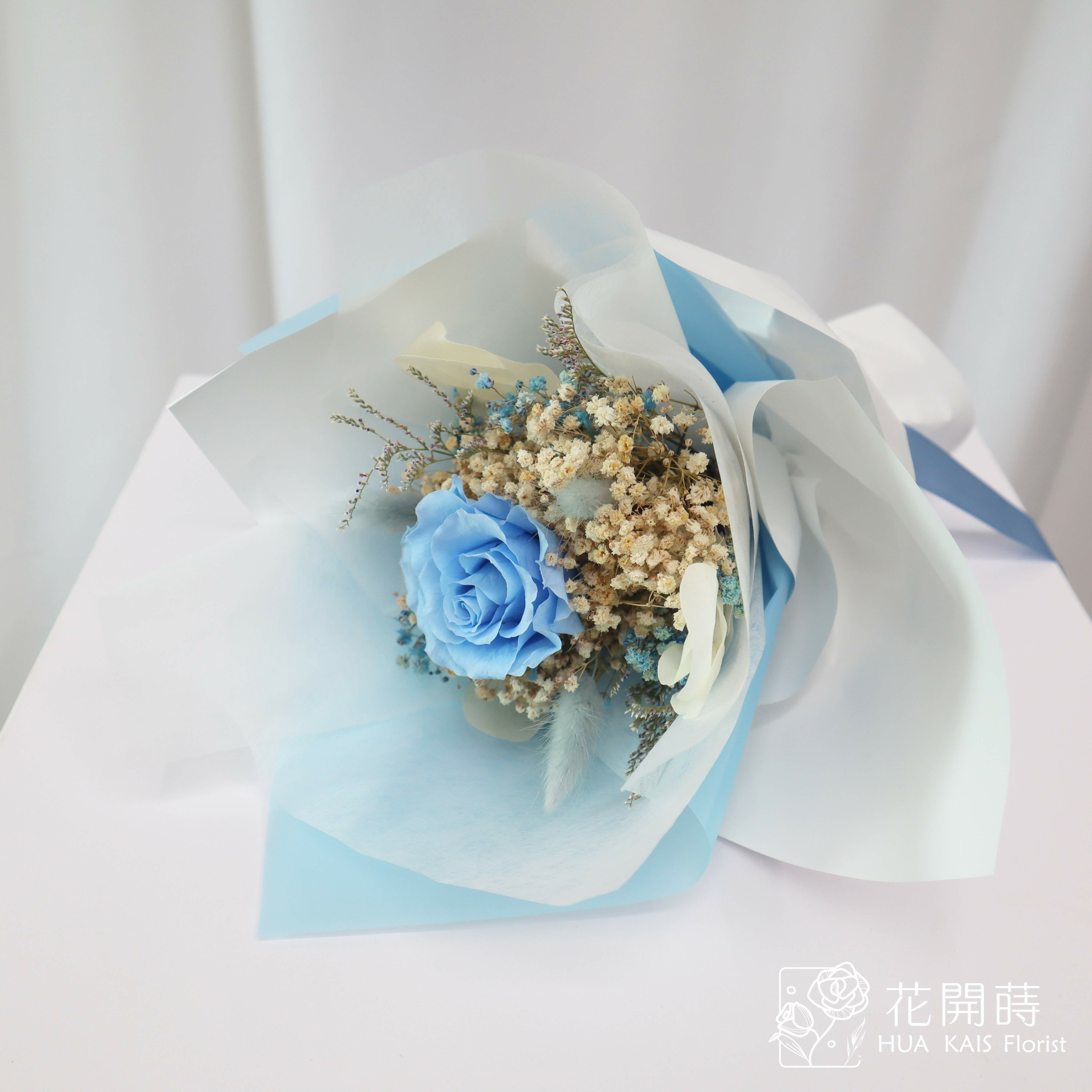永生玫瑰花束|寶寶藍單枝永生玫瑰花束|永生花|情人節花束|小花束|生日花束|七夕花束|閨蜜花束|母親節花束