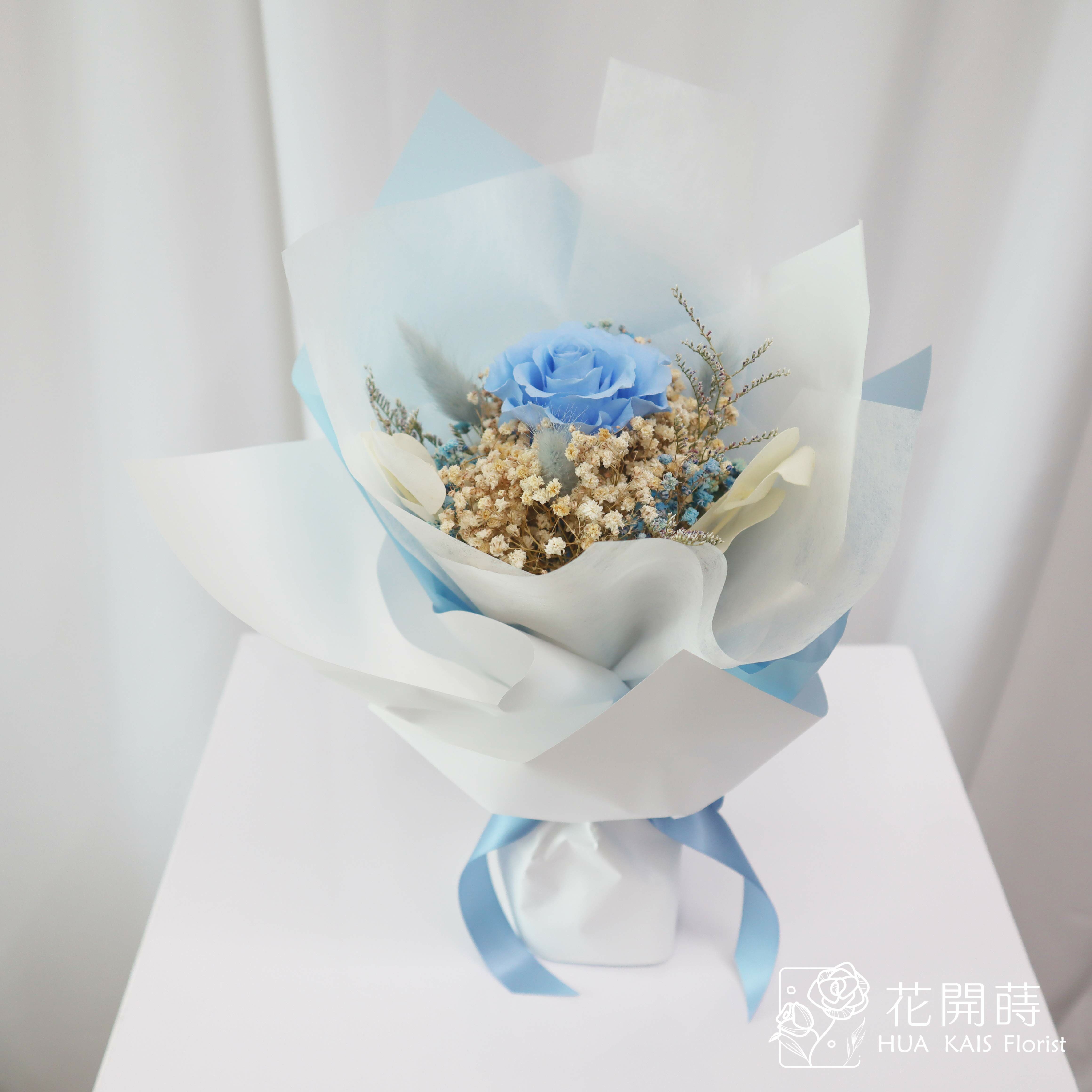 永生玫瑰花束|寶寶藍單枝永生玫瑰花束|永生花|情人節花束|小花束|生日花束|七夕花束|閨蜜花束|母親節花束