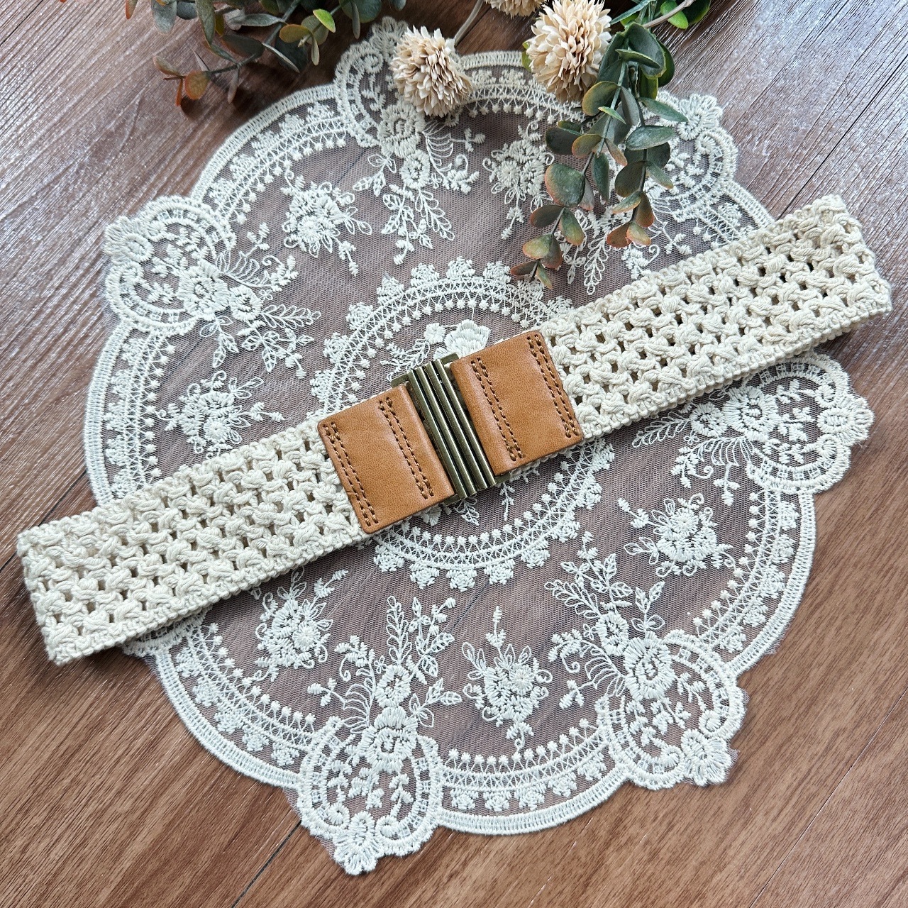 米白色麻織橡根腰帶