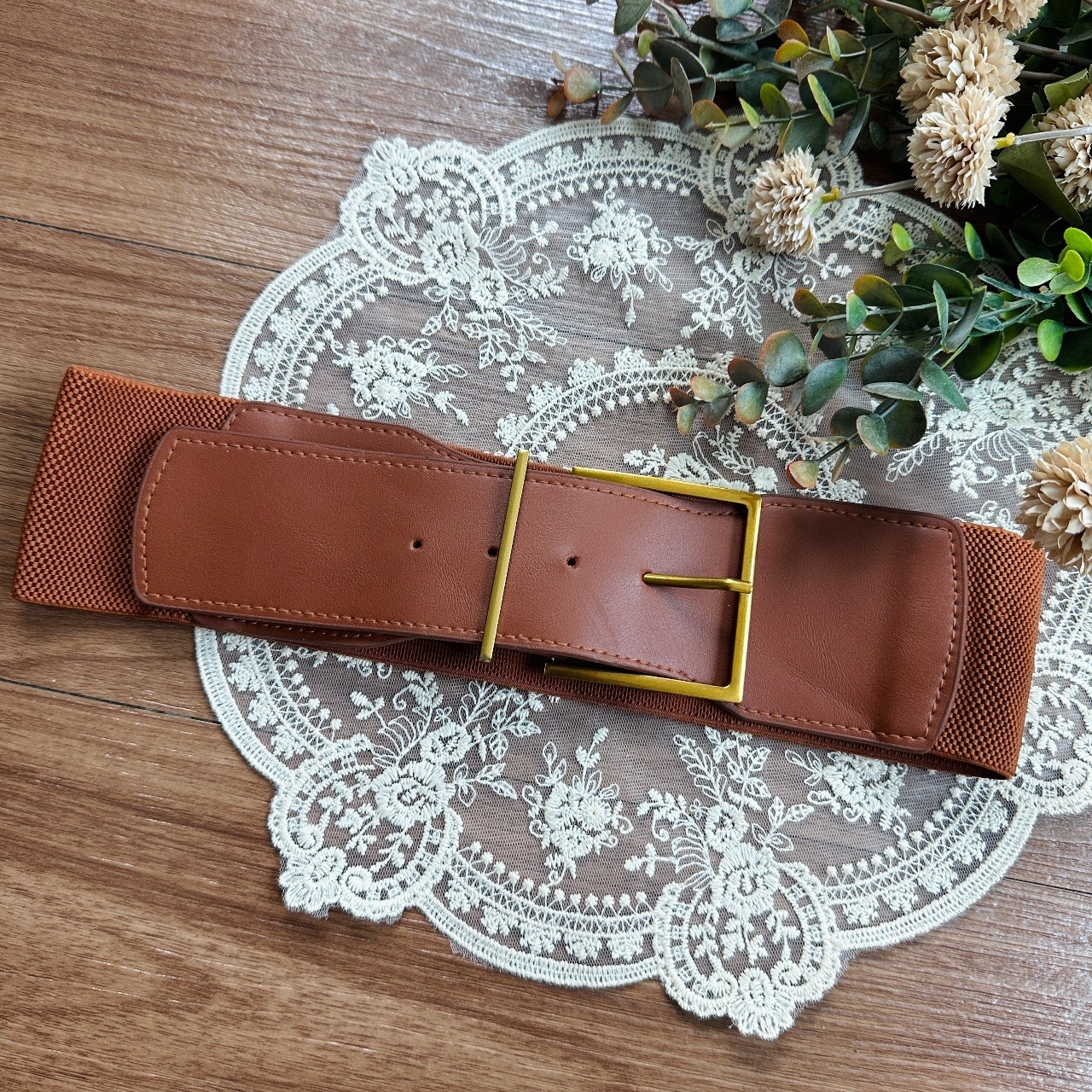 簡約感淺啡方形扣橡筋腰帶