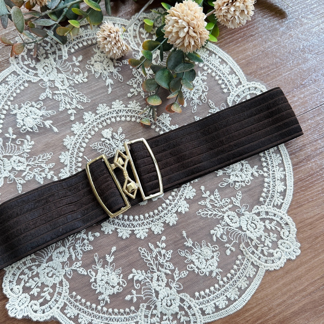 復古啡間條感橡根腰帶