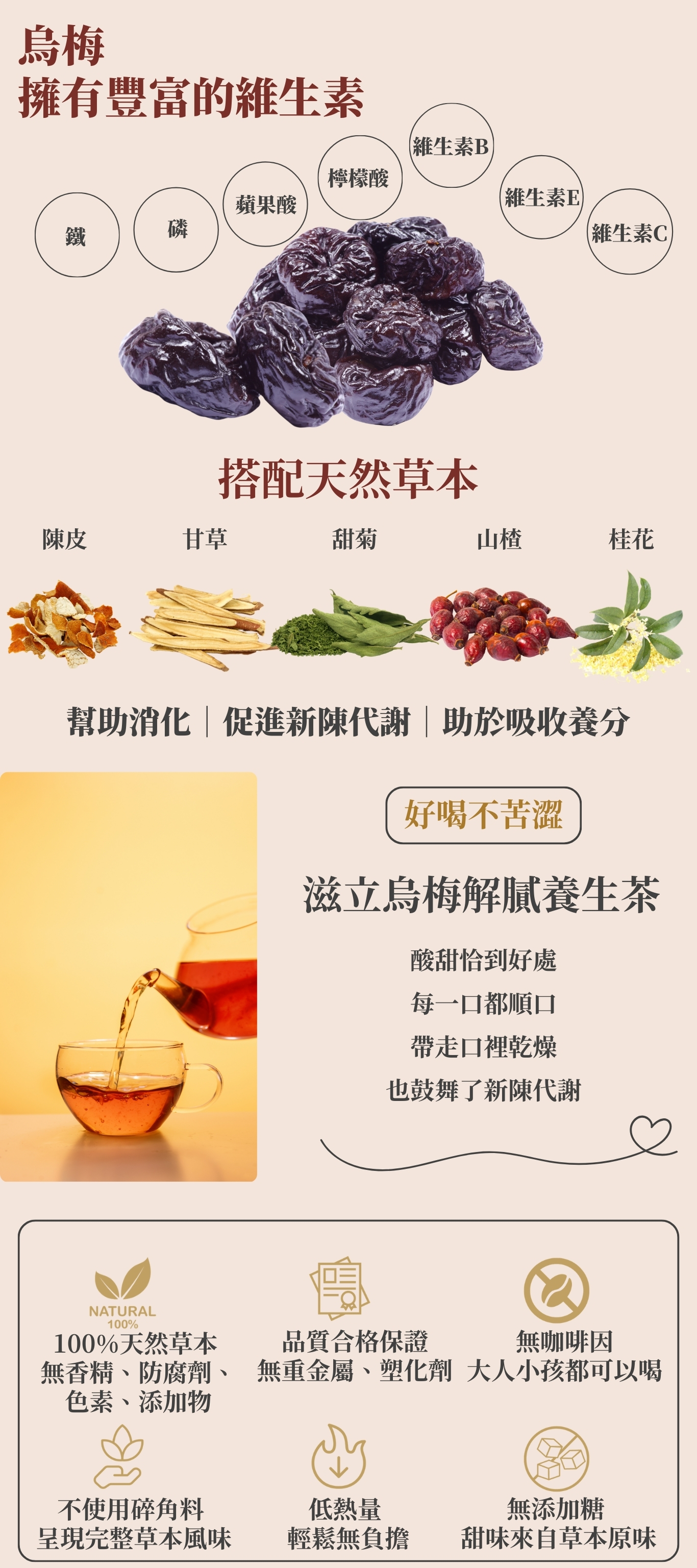 100%天然草本 無香精、防腐劑、色素、添加物 搭配天然草本 無咖啡因 大人小孩都可以喝 酸甜恰到好處 每一口都順口 帶走口裡乾燥 也鼓舞了新陳代謝 滋立烏梅解膩養生茶 好喝不苦澀 不使用碎角料 呈現完整草本風味 低熱量 輕鬆無負擔 品質合格保證 無重金屬、塑化劑 無添加糖 甜味來自草本原味 烏梅 擁有豐富的維生素 幫助消化|促進新陳代謝|助於吸收養分 陳皮 甘草 甜菊 山楂 鐵 磷 蘋果酸 維生素B 檸檬酸 維生素C 維生素E 桂花
