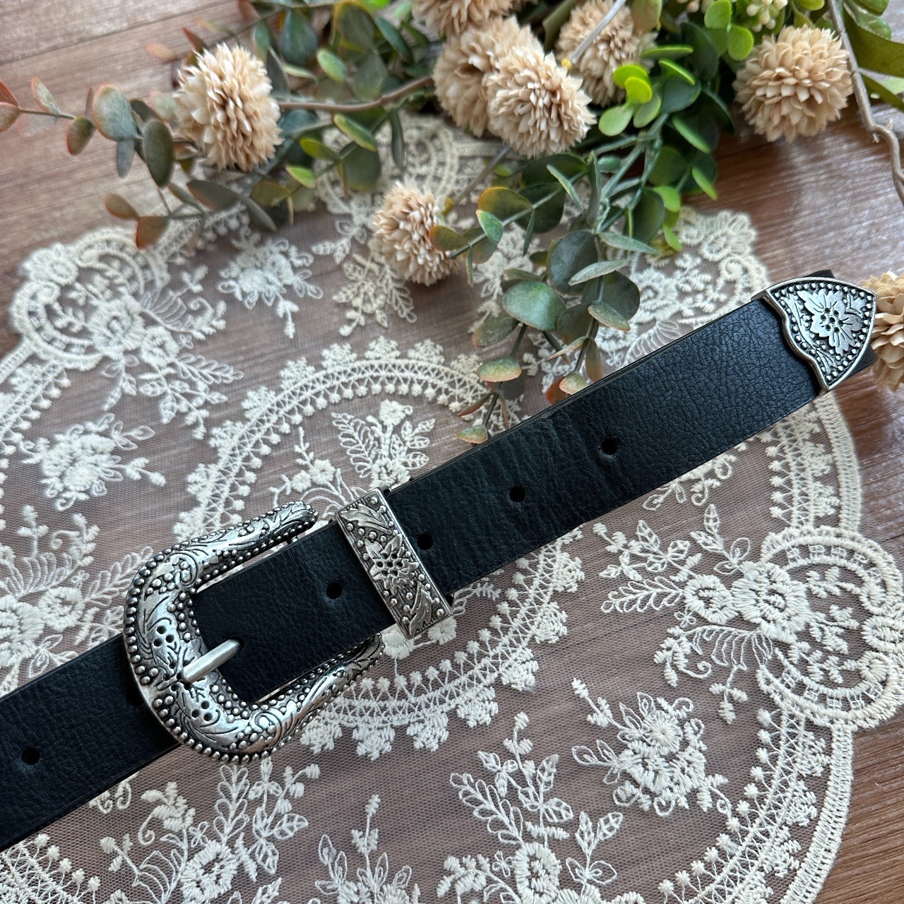 法國製炭灰色銀扣腰帶