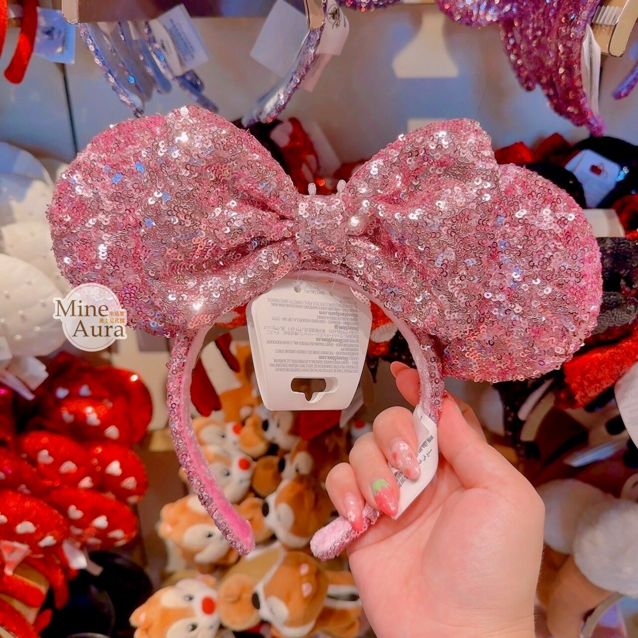 米妮 Minnie 亮片 粉色蝴蝶結 造型 髮圈 髮箍 -香港迪士尼樂園