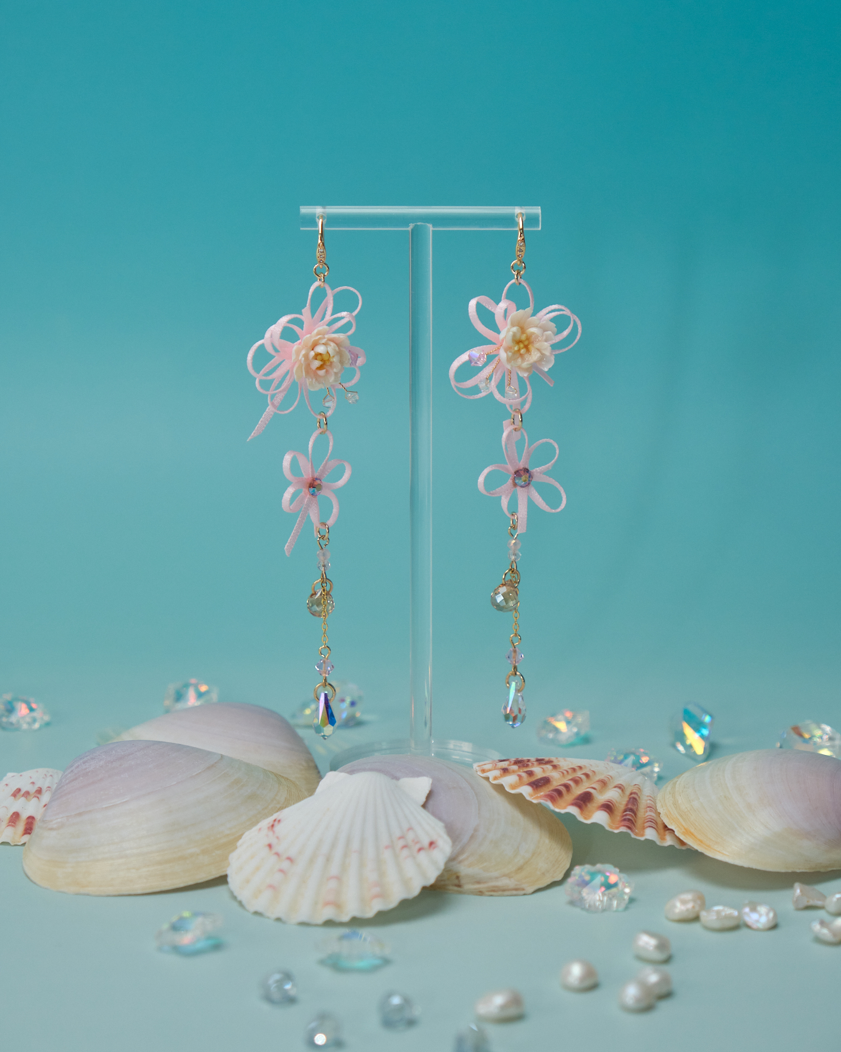 11065 Coral Ribbon Flower S925 Earrings 