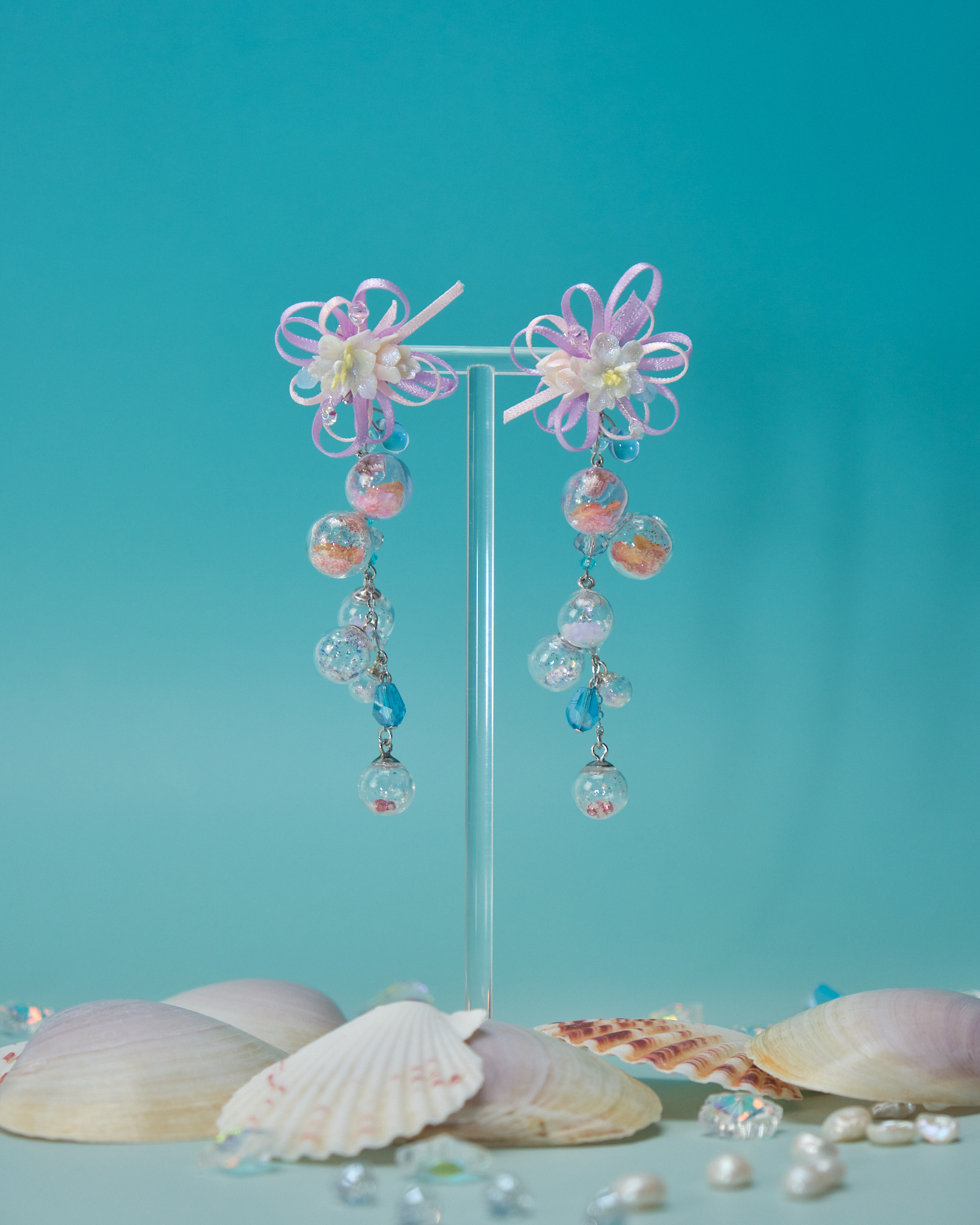 11066 Coral Ribbon Flower S925 2-way Earrings 