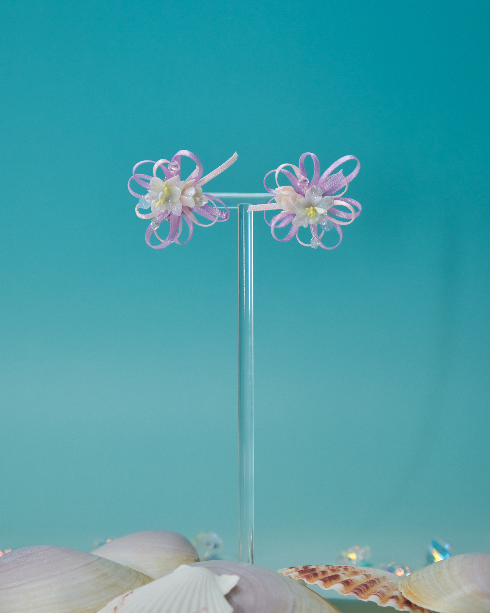 11066 Coral Ribbon Flower S925 2-way Earrings 