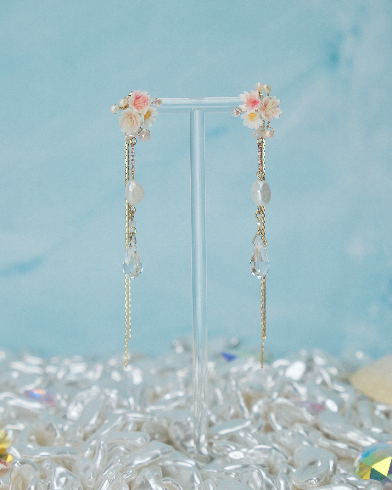 11068 Sequins Shimmer Flowers S925 4-way Middle Length Earrings 