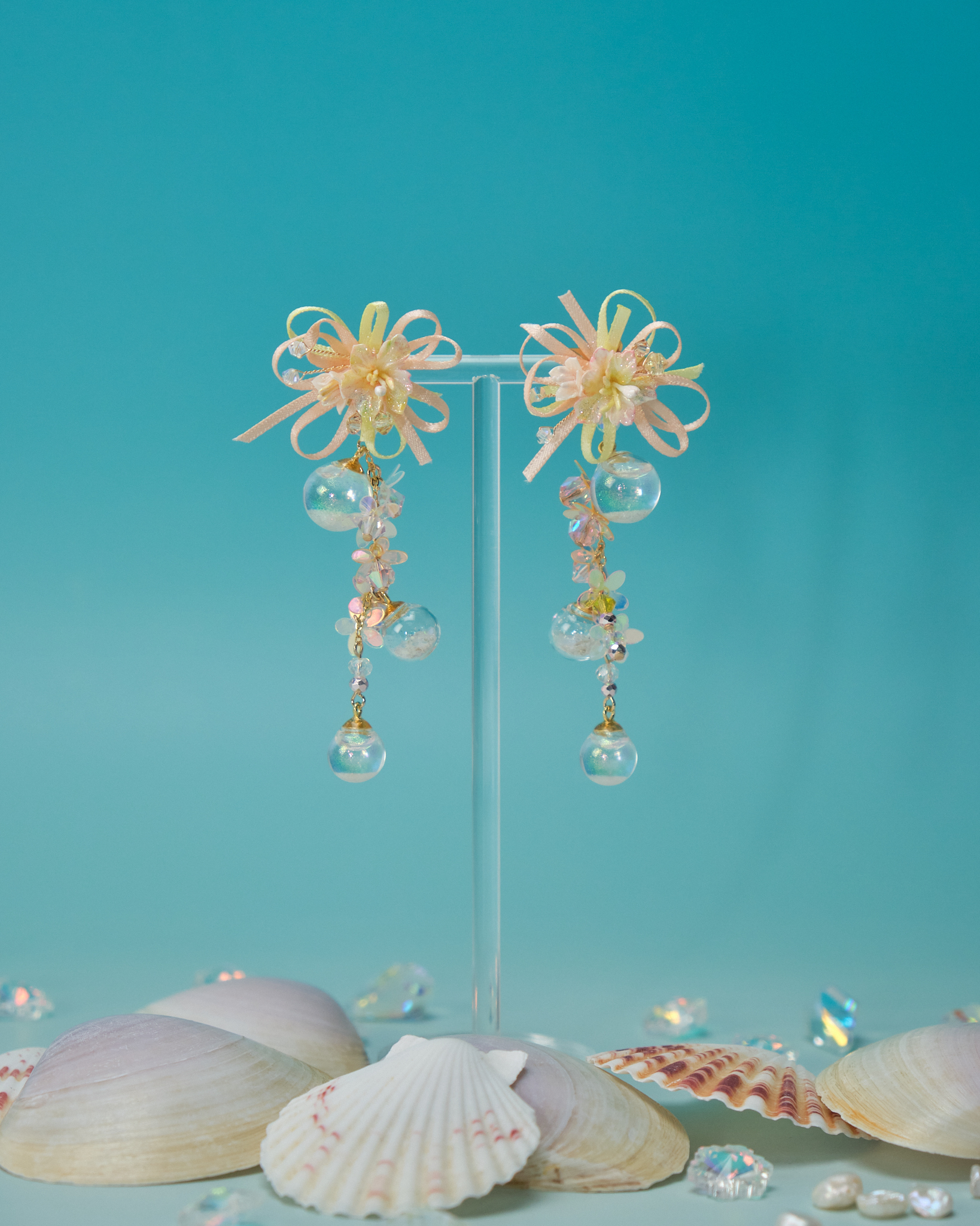 11067 Coral Ribbon Flower S925 2-way Earrings 