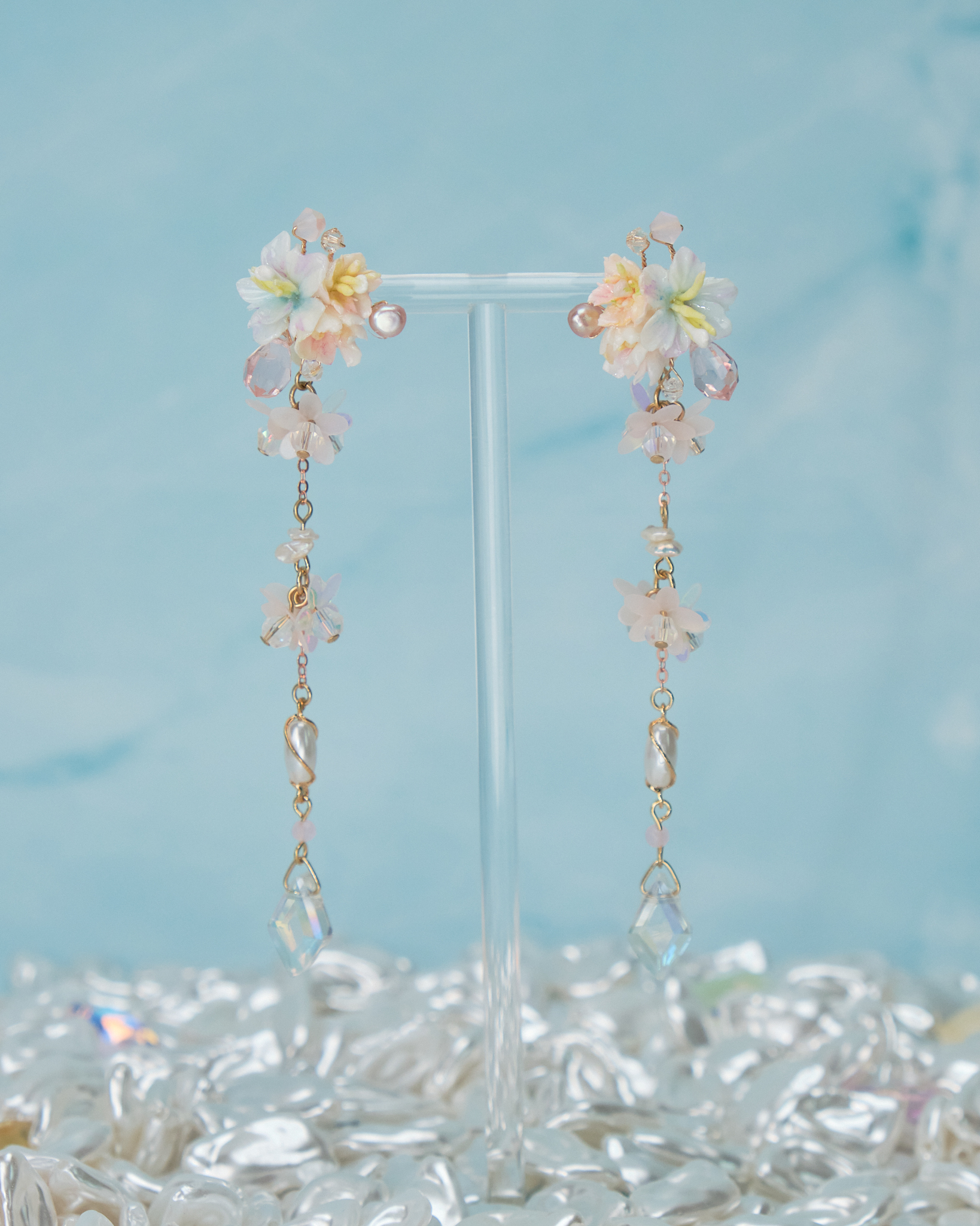 11069 Sequins Shimmer Flowers S925 2-way Middle Length Earrings 