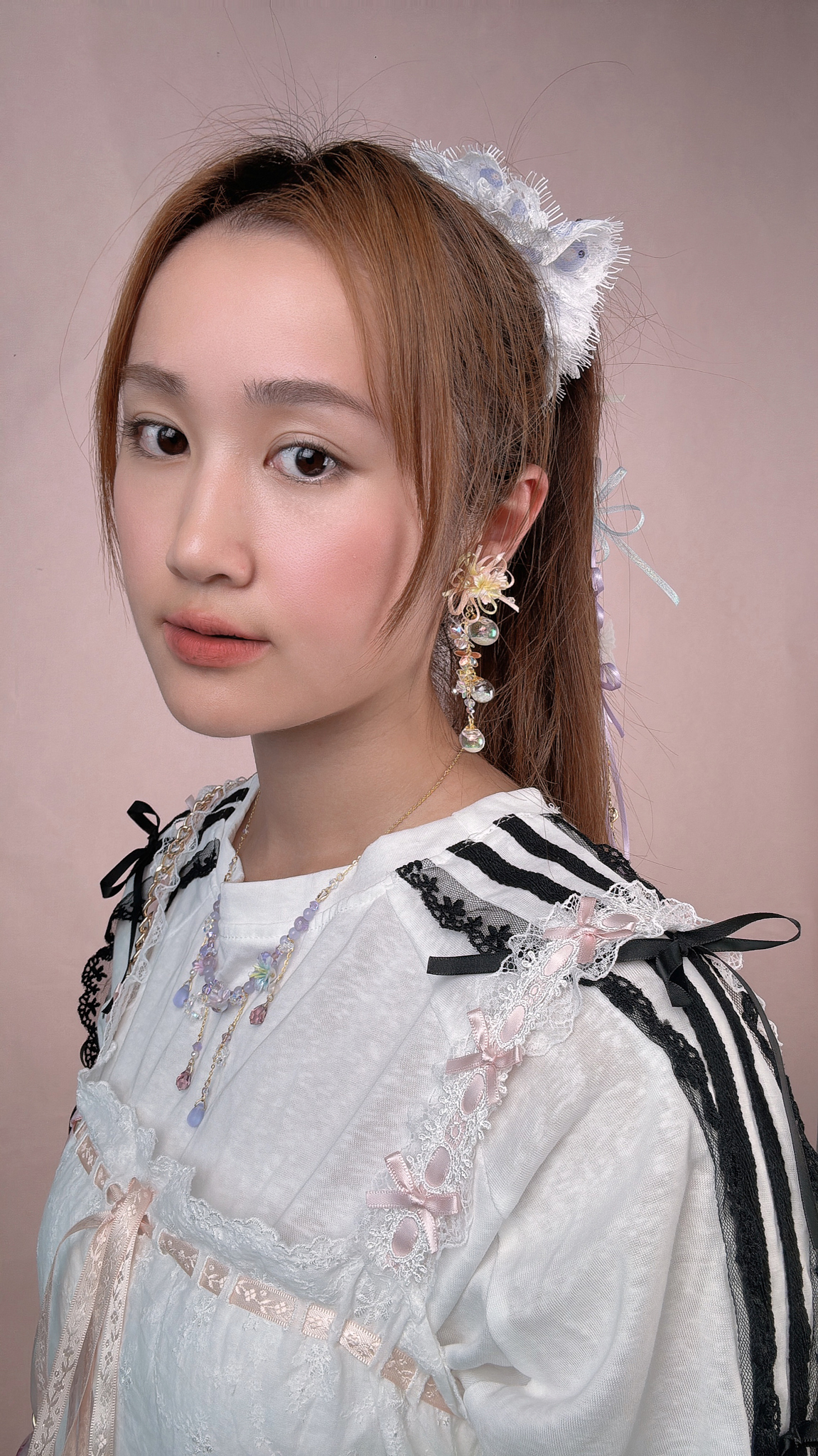 11067 Coral Ribbon Flower S925 2-way Earrings 