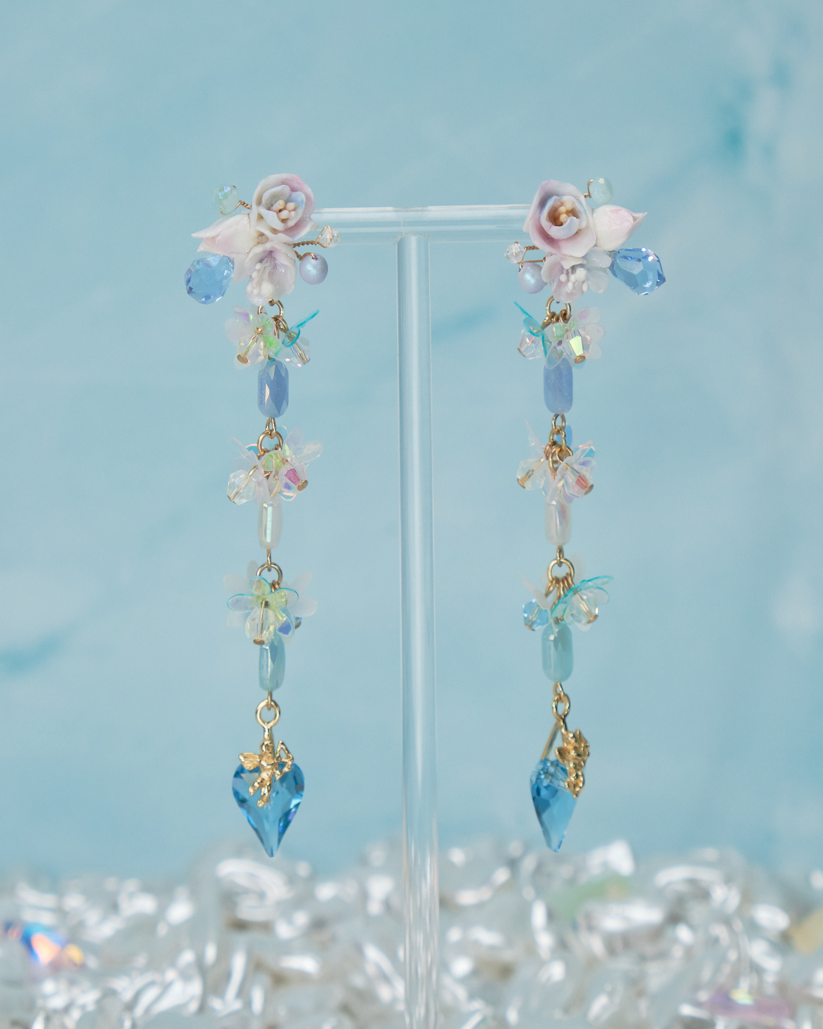 11070 Sequins Shimmer Flowers S925 2-way Middle Length Earrings 