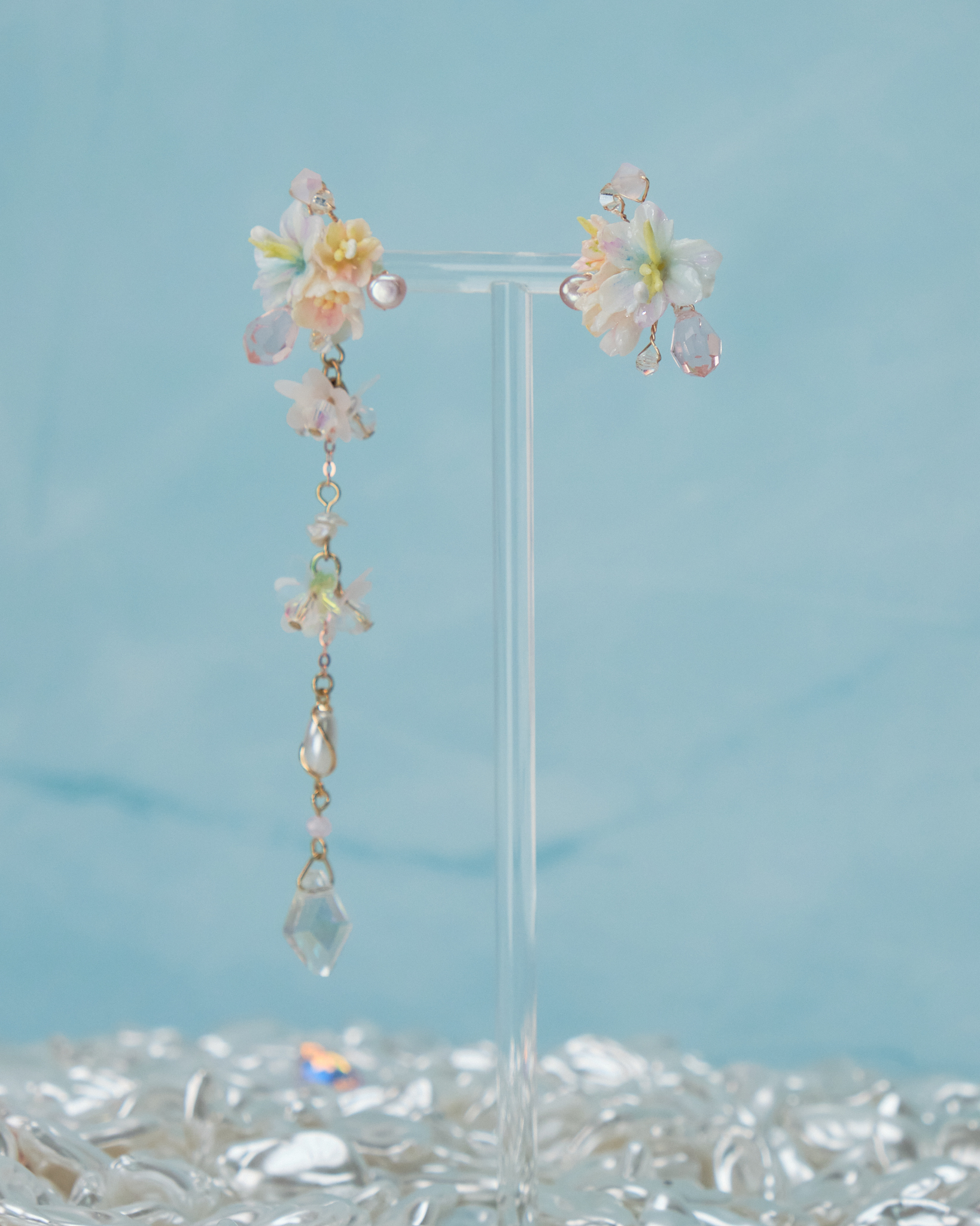 11069 Sequins Shimmer Flowers S925 2-way Middle Length Earrings 