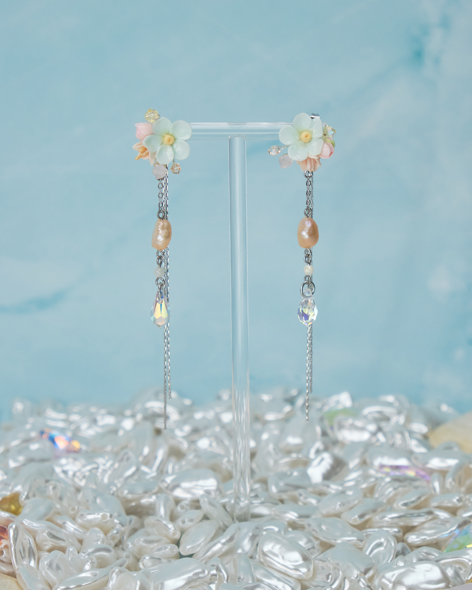 11071 Sequins Shimmer Flowers S925 4-way Middle Length Earrings