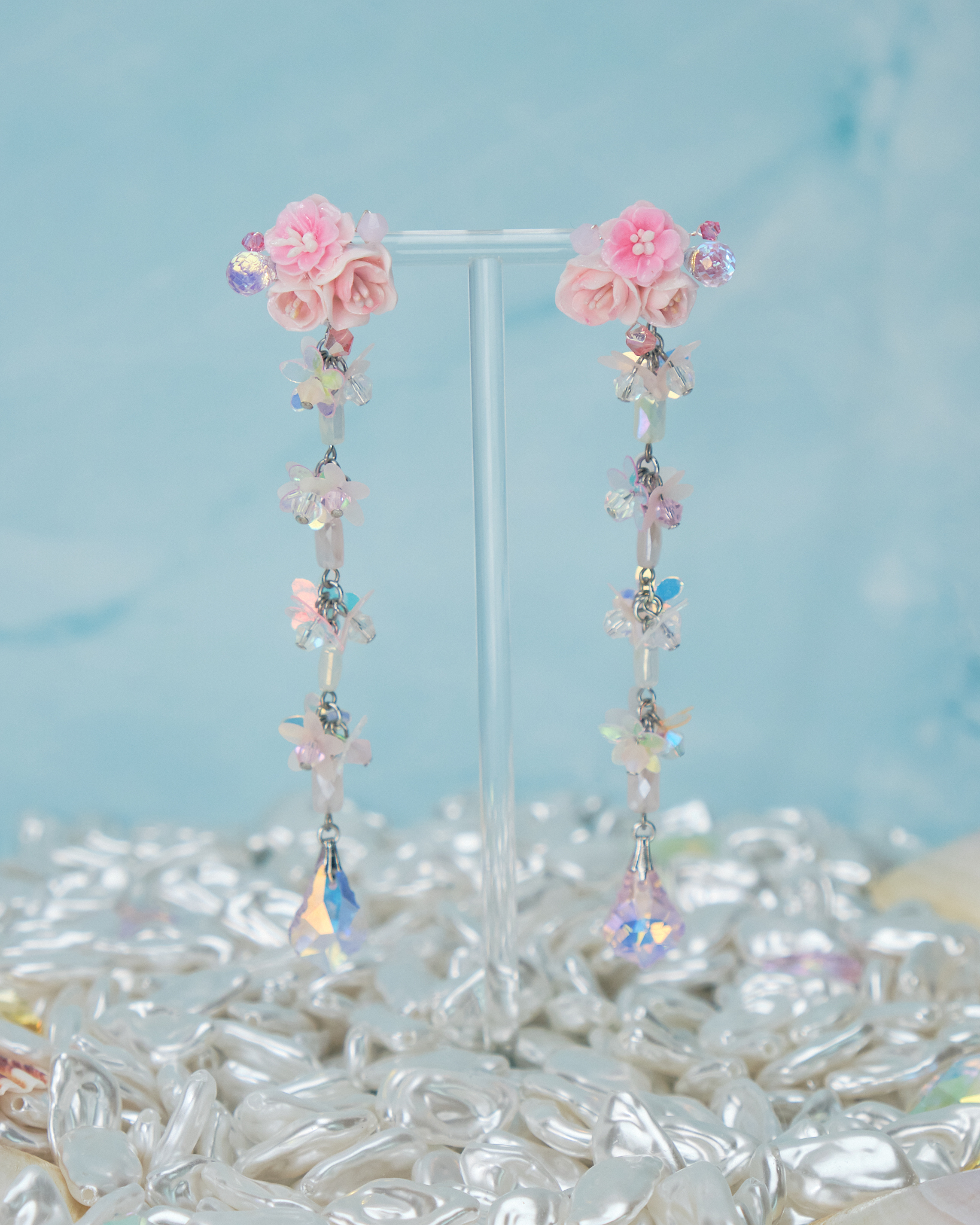 11072 Sequins Shimmer Flowers S925 2-way Middle Length Earrings 