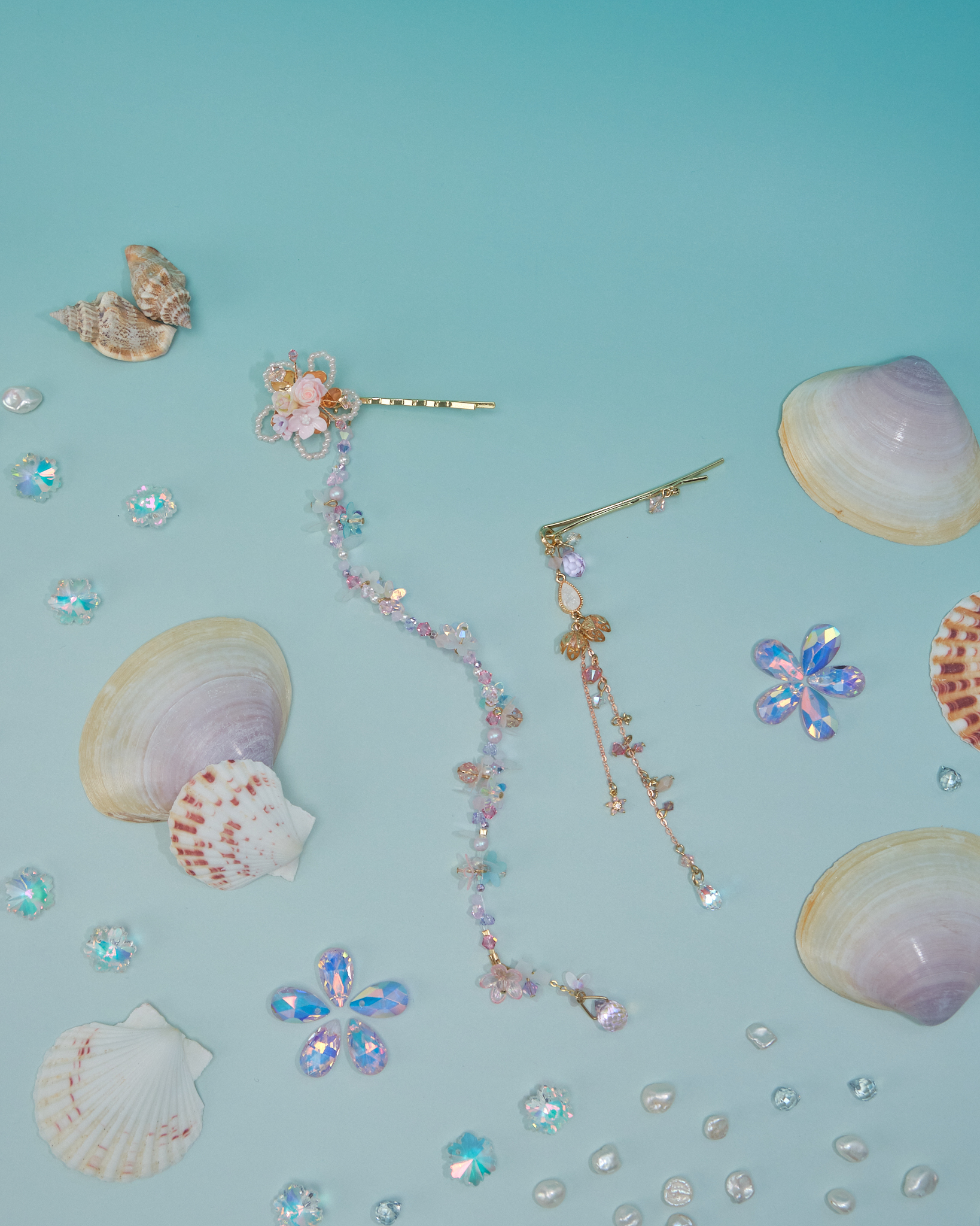 11073 小花水母串珠一字夾套裝