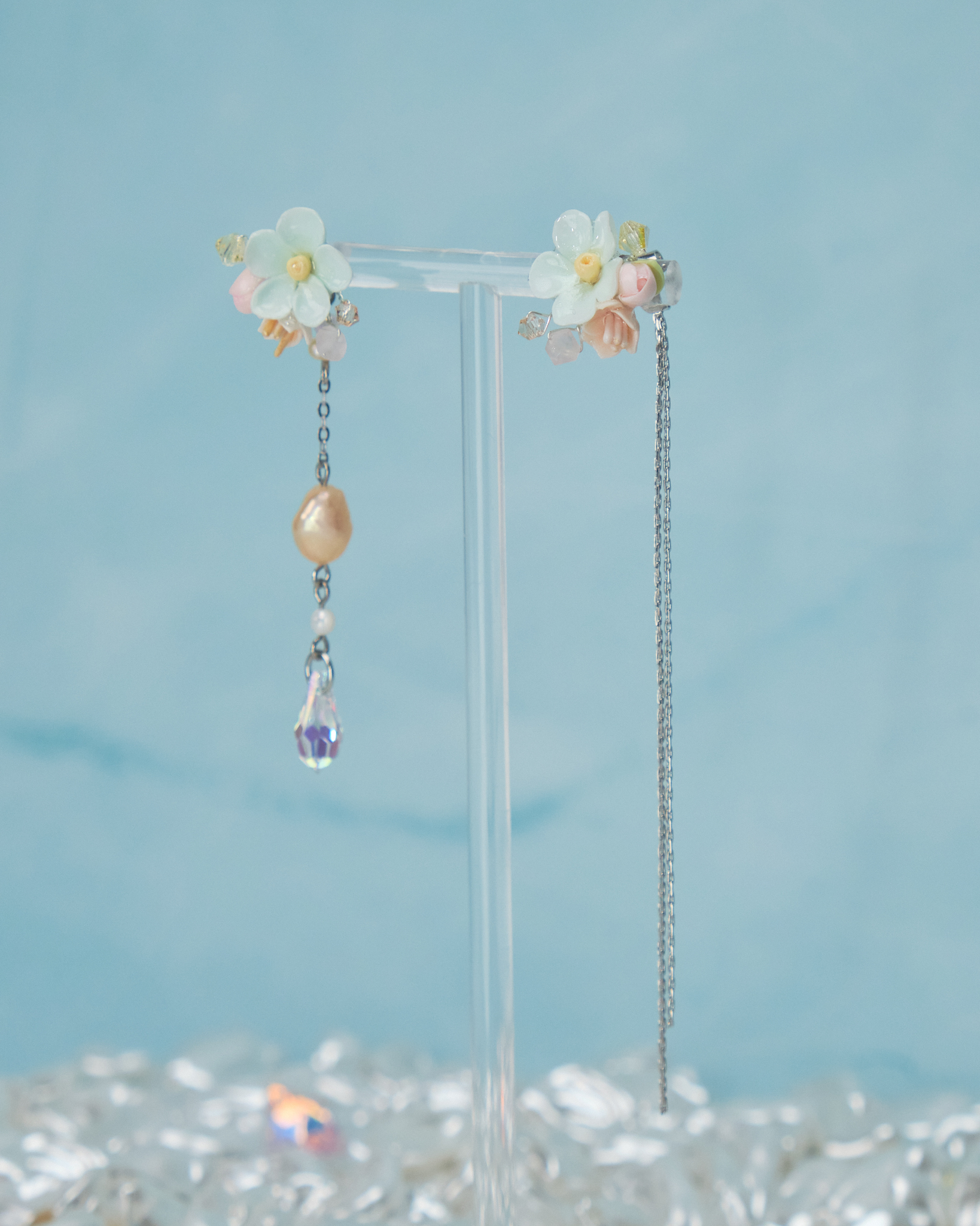 11071 Sequins Shimmer Flowers S925 4-way Middle Length Earrings