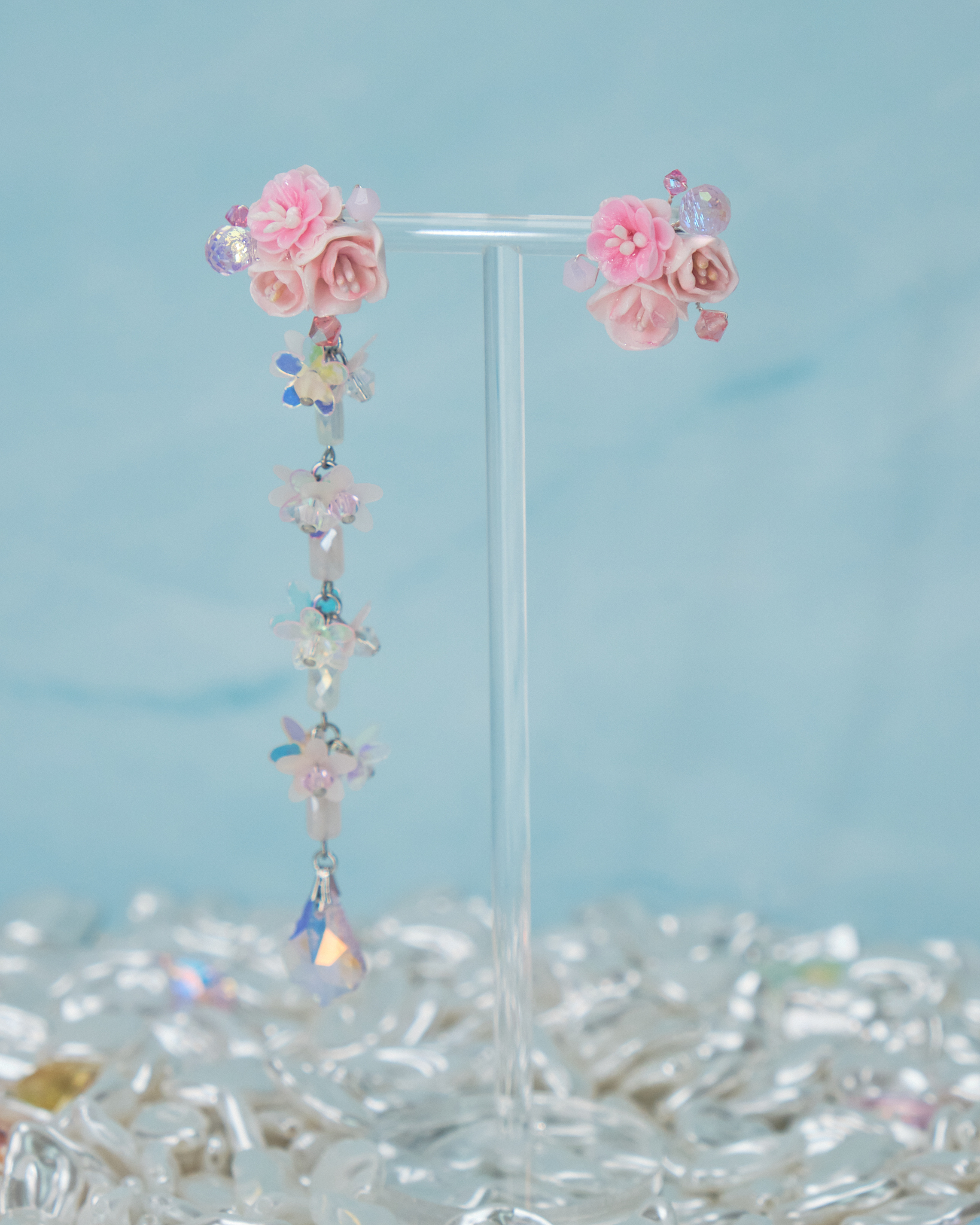 11072 Sequins Shimmer Flowers S925 2-way Middle Length Earrings 