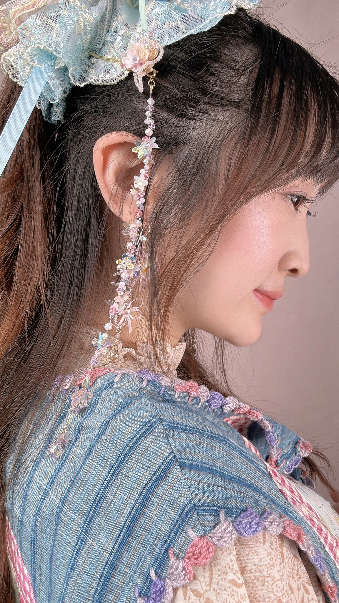 11073 小花水母串珠一字夾套裝