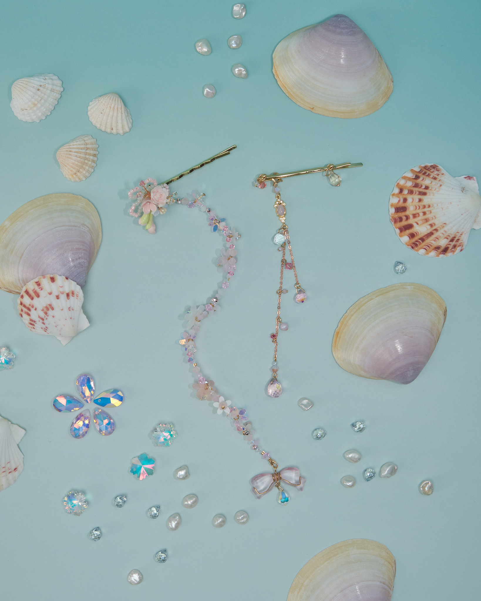 11075 小花水母串珠一字夾套裝