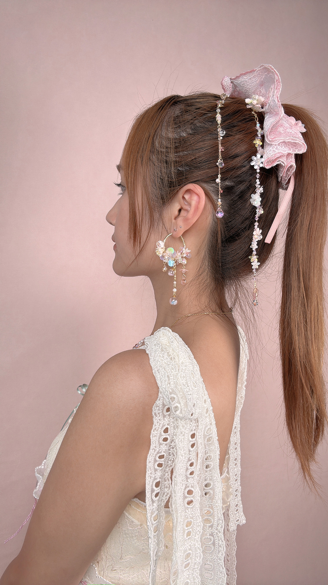 11075 小花水母串珠一字夾套裝