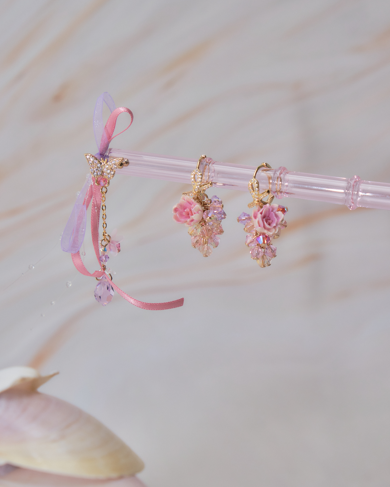 11090 迷你絲帶耳骨夾及水珠小花耳飾套裝