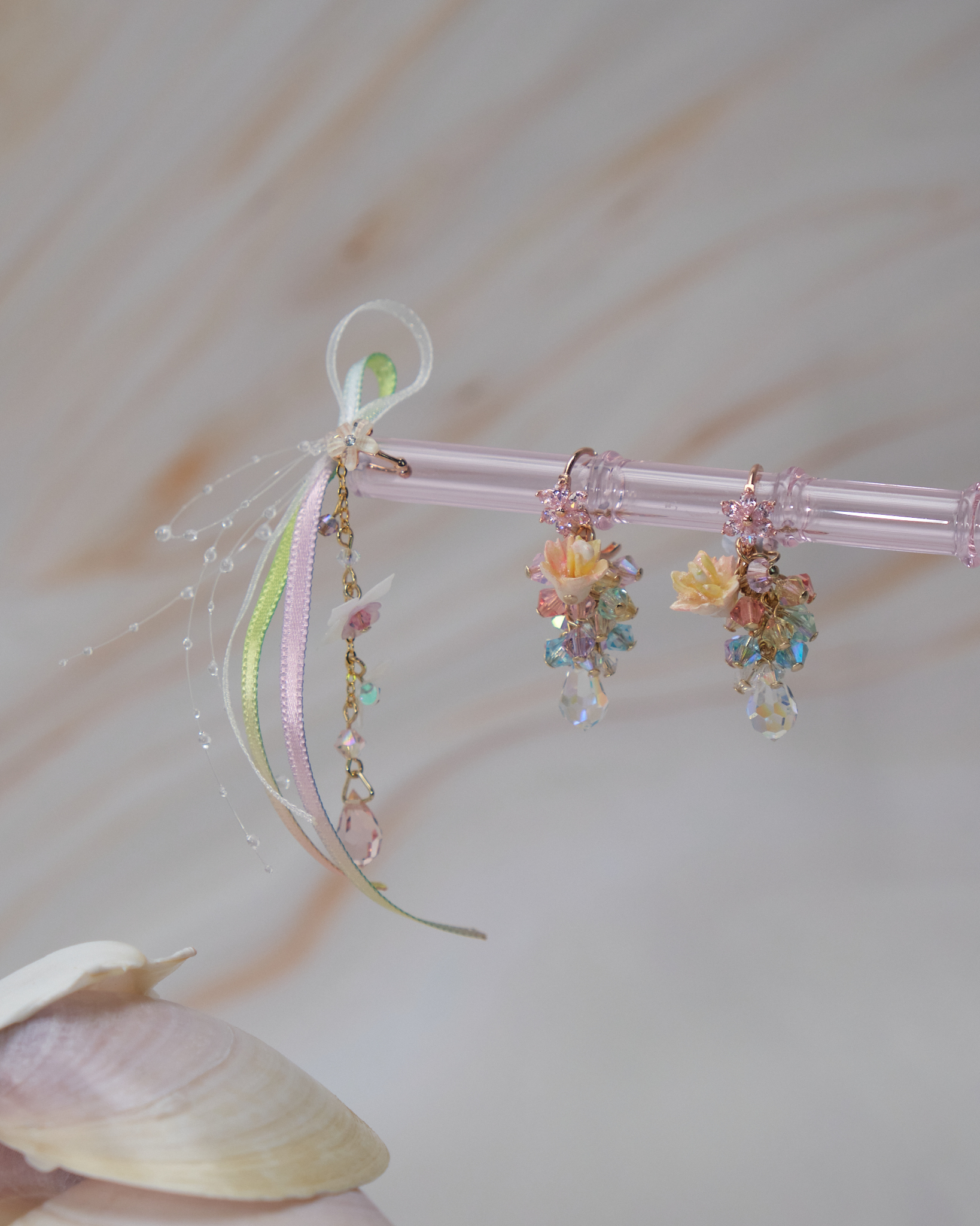 11091 迷你絲帶耳骨夾及水珠小花耳飾套裝