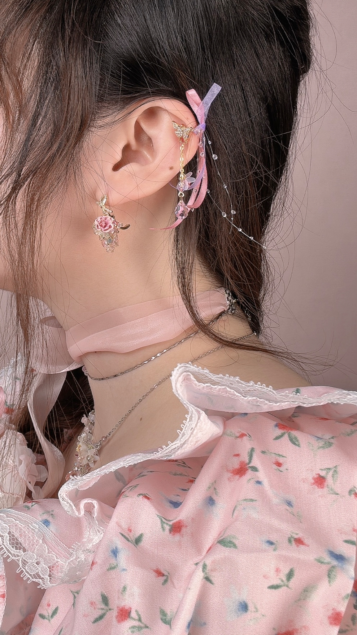 11090 迷你絲帶耳骨夾及水珠小花耳飾套裝