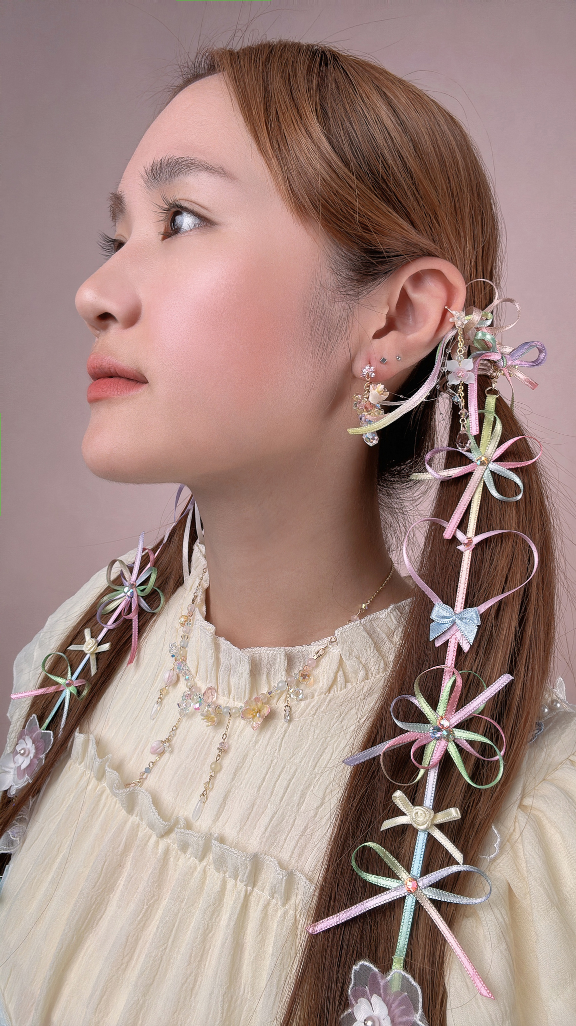 11091 迷你絲帶耳骨夾及水珠小花耳飾套裝