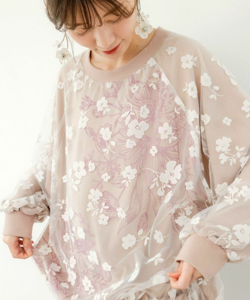 預購 - Scolar花朵/蝴蝶印花 x 花卉圖案植絨印花薄紗分層上衣