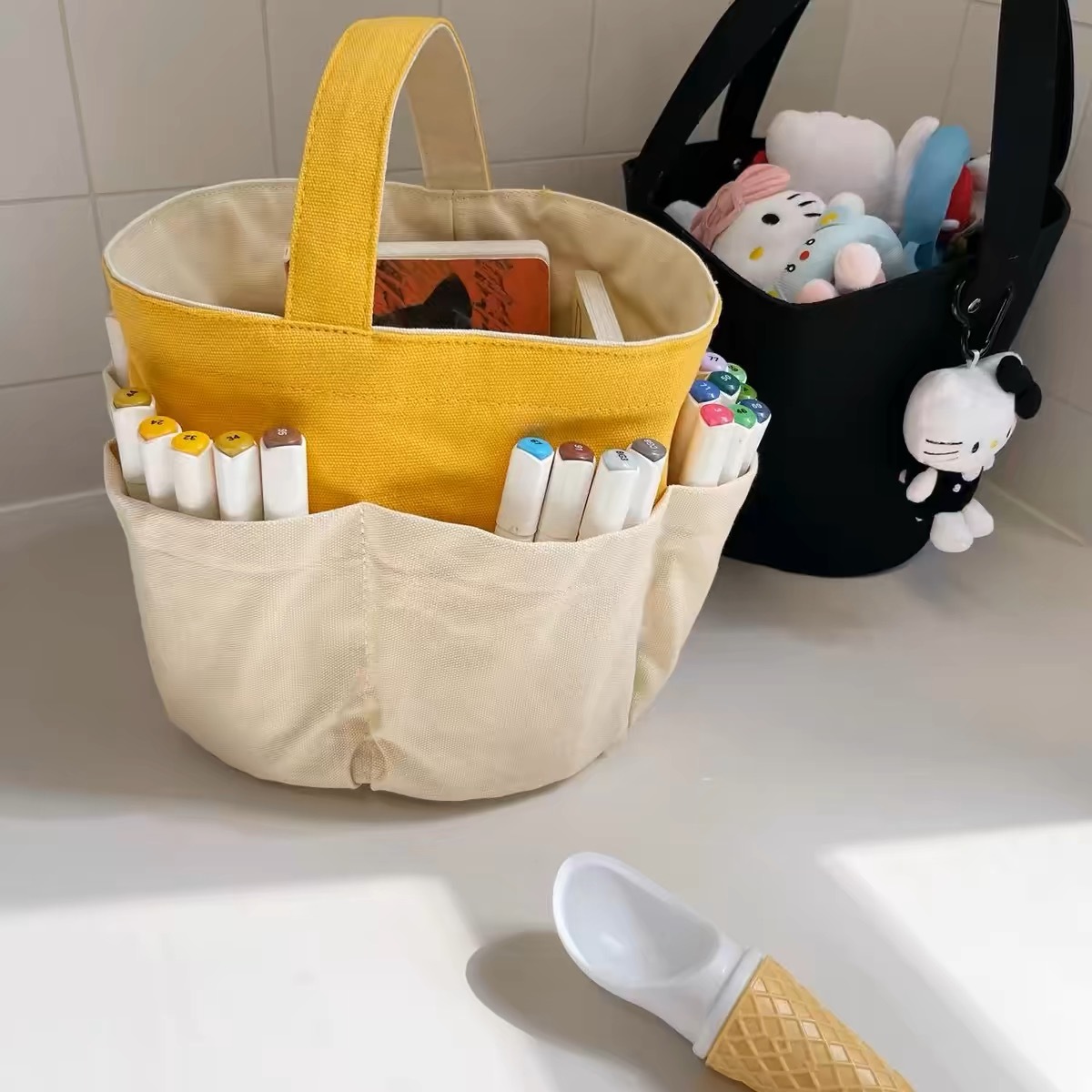 Ins 多口袋拼色水桶包