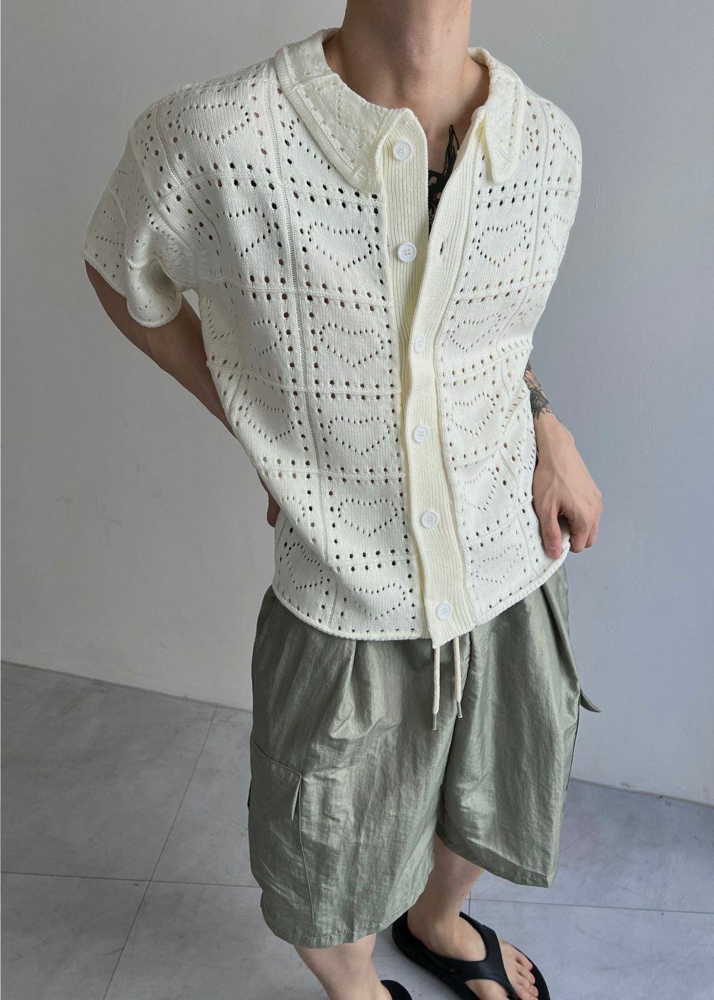 淨色暗紋針織開胸短袖Tee Lowell-018T