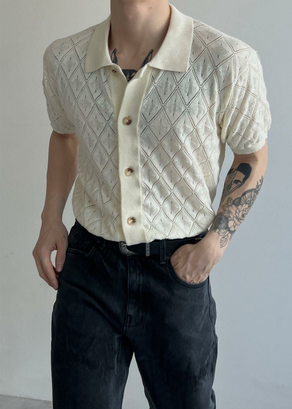 淨色暗紋針織開胸短袖Tee Lowell-021T