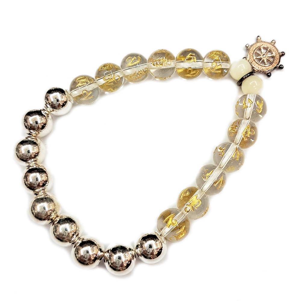 法輪{純銀}&銀珠&六字真言水晶手珠8mm【十方】153502