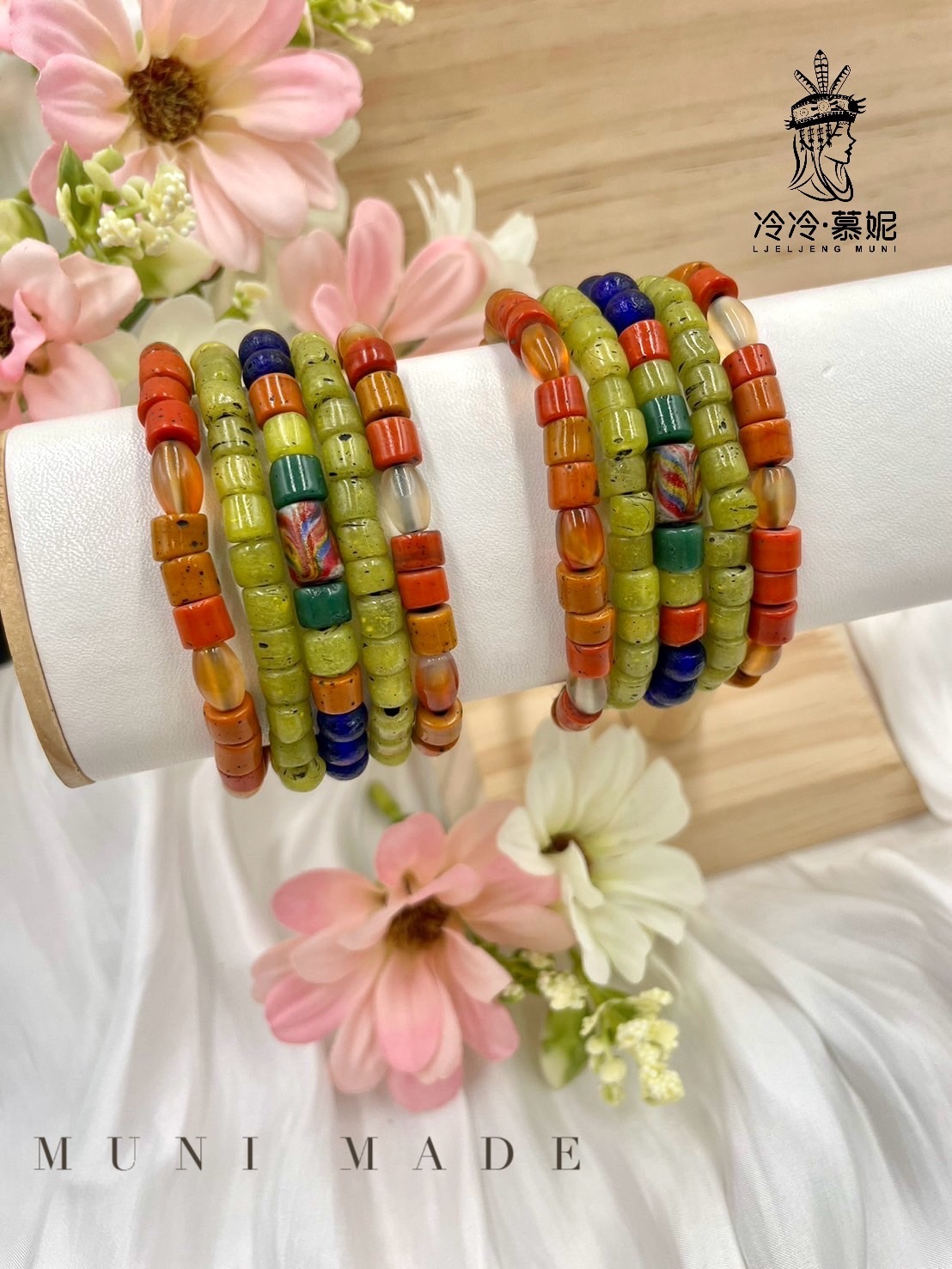 Muni-No.86貿易老珠橢圓瑪瑙繞圈式手鍊73cm