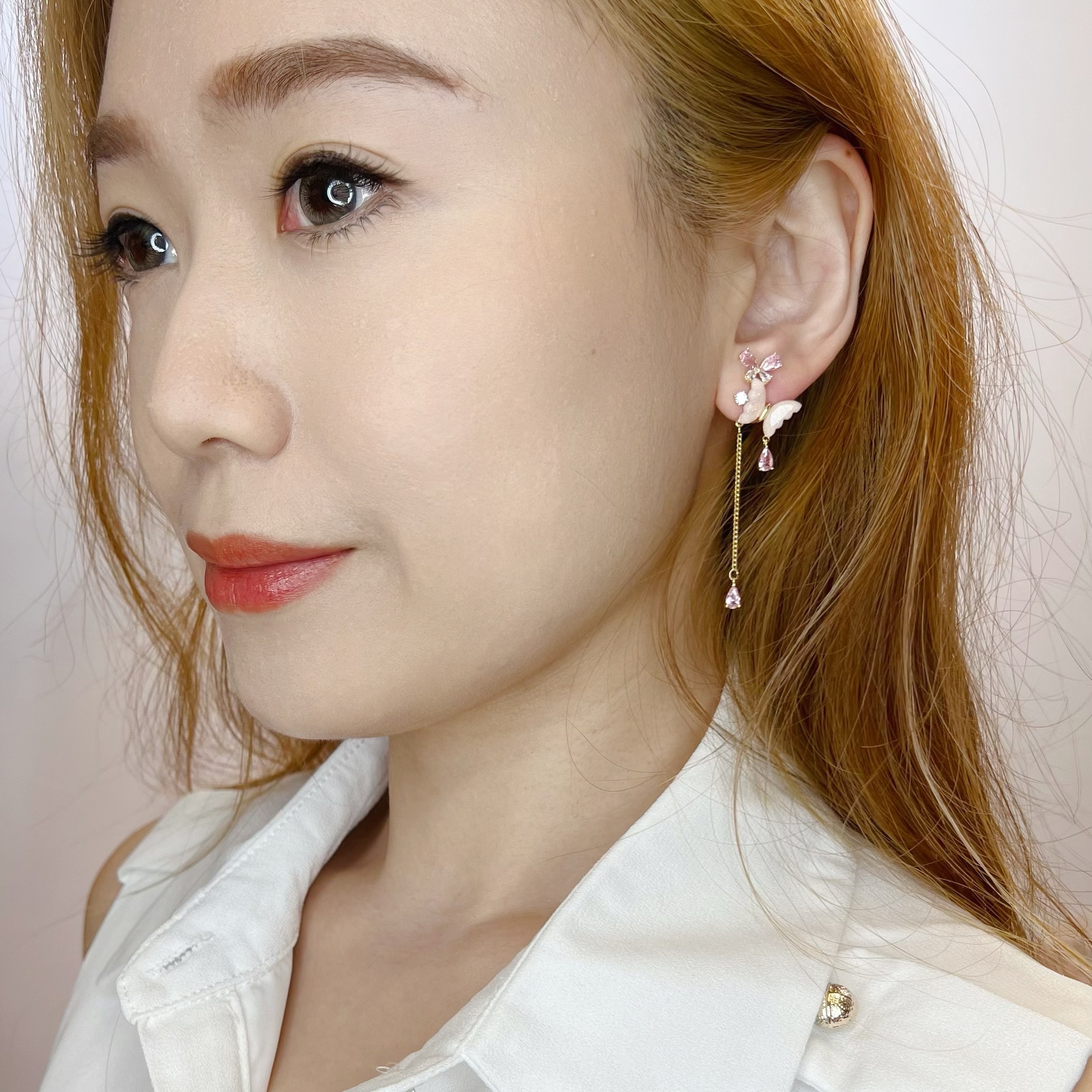 PYA0801 CATEYE STONE DOUBLE BUTTERFLY LONG EAR RING